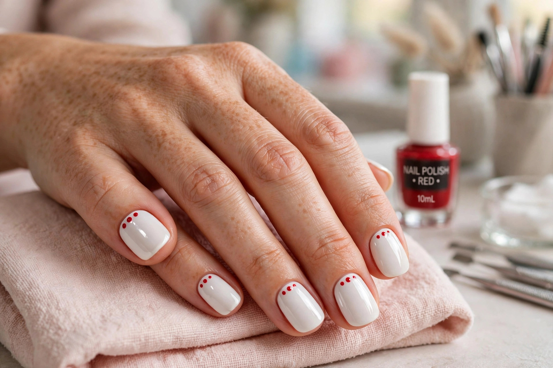 White nails with red polka dots