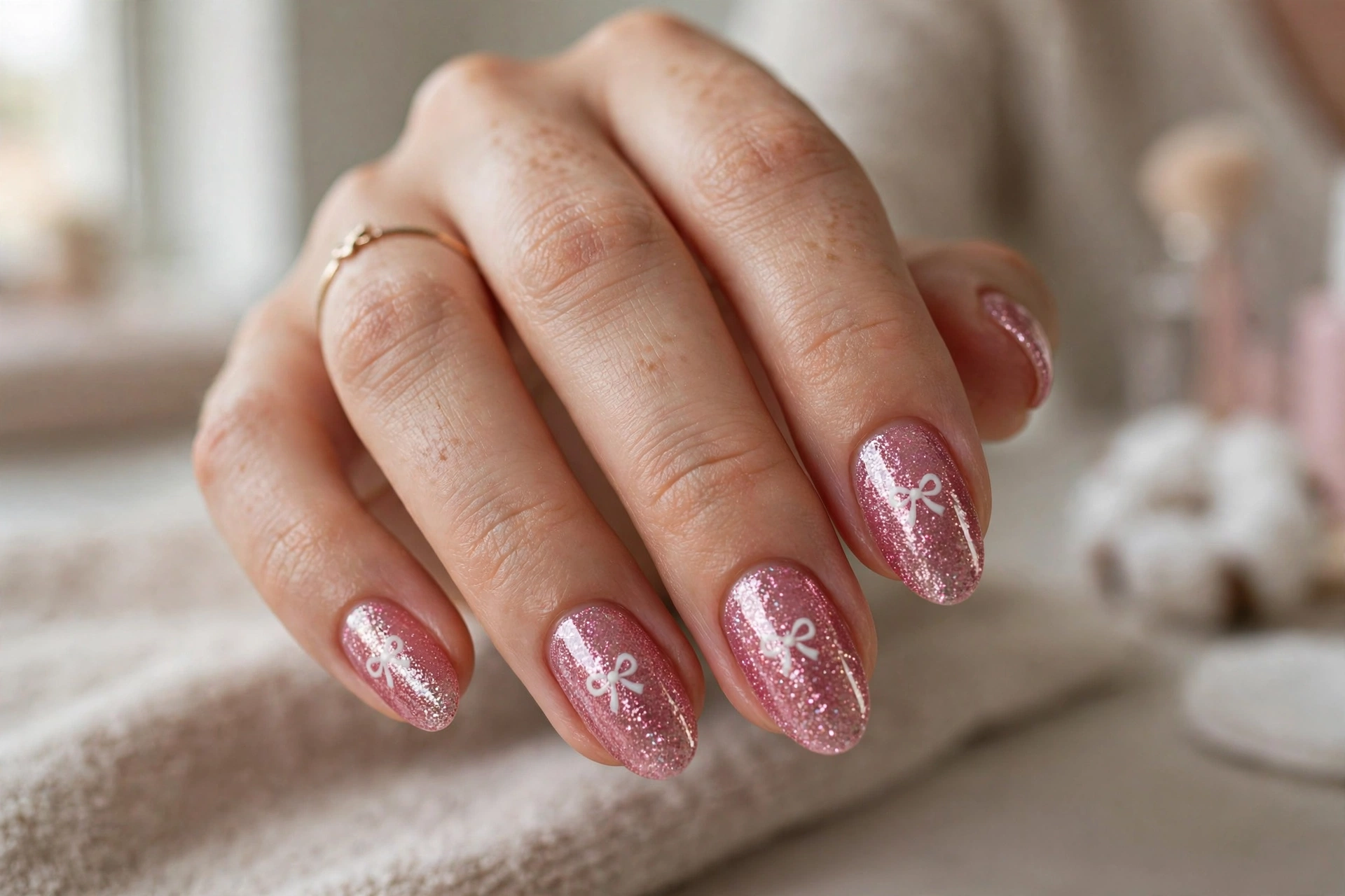 Pink glitter nails with tiny white bows