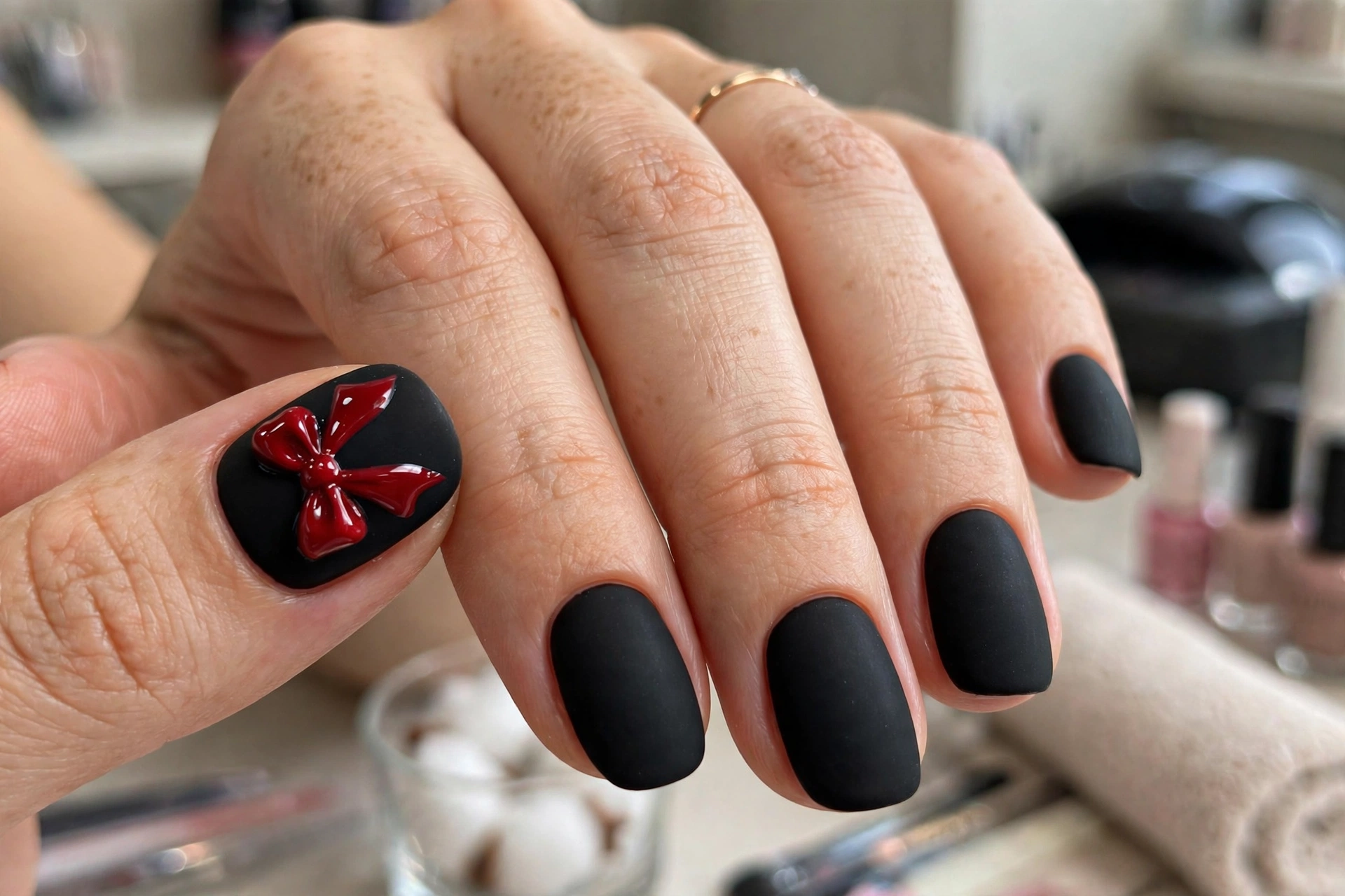 Matte black nails with glossy red bow