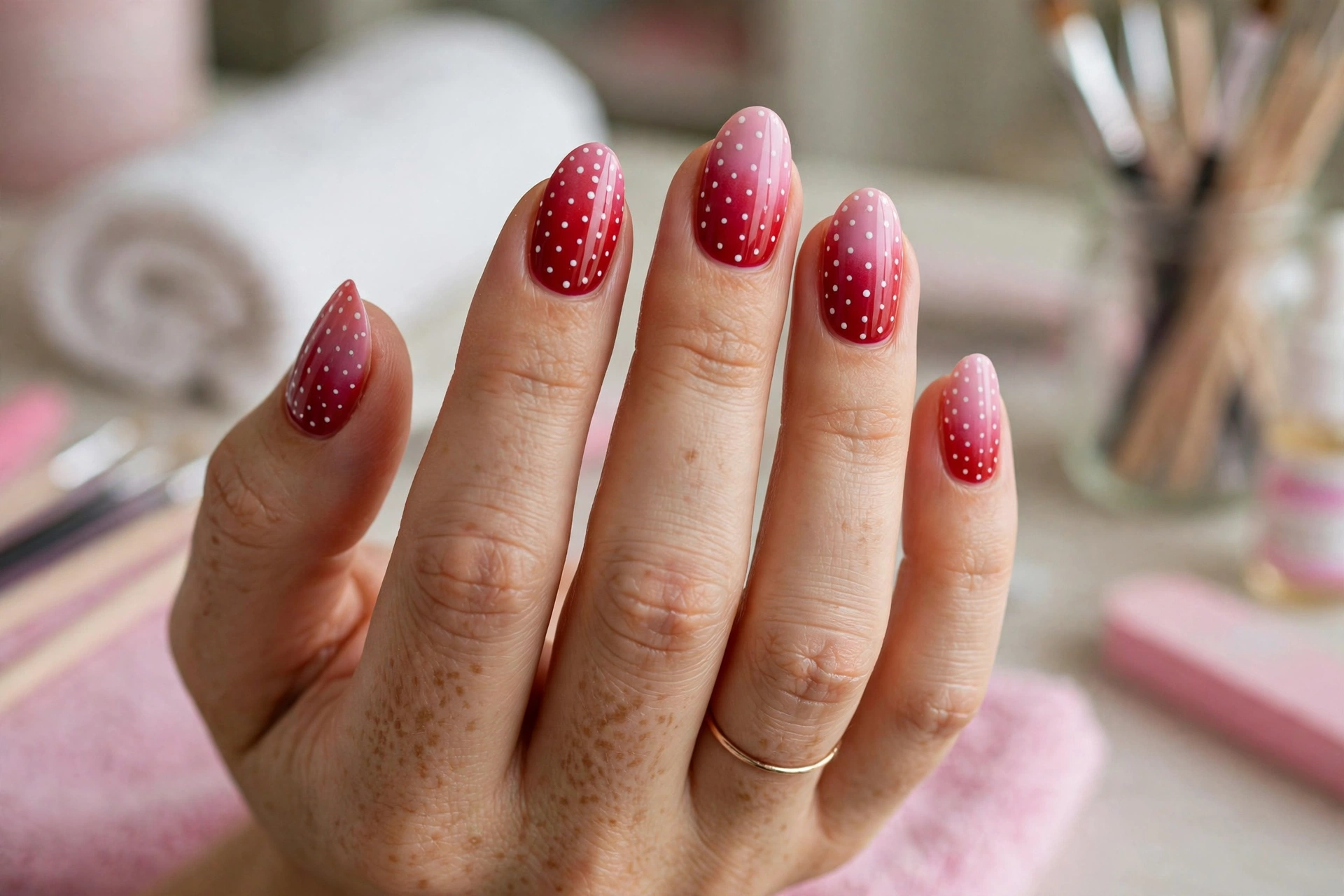 Red to pink ombre nails with polka dots