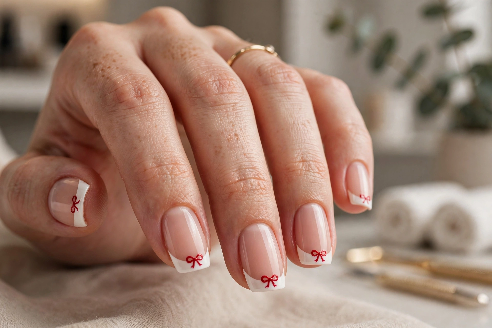French tip nails with red bow at base
