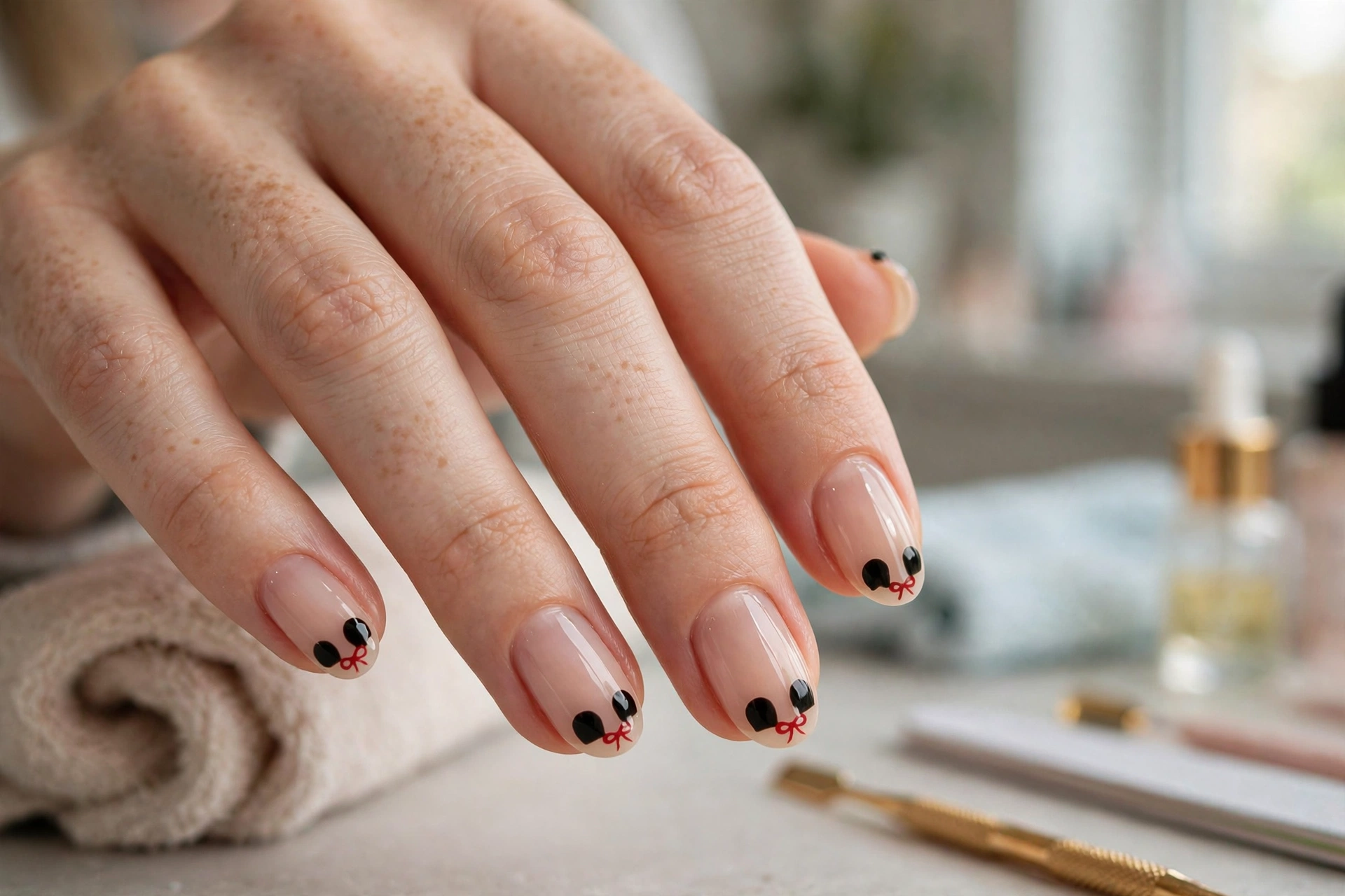 Nude nails with ear and bow tip art