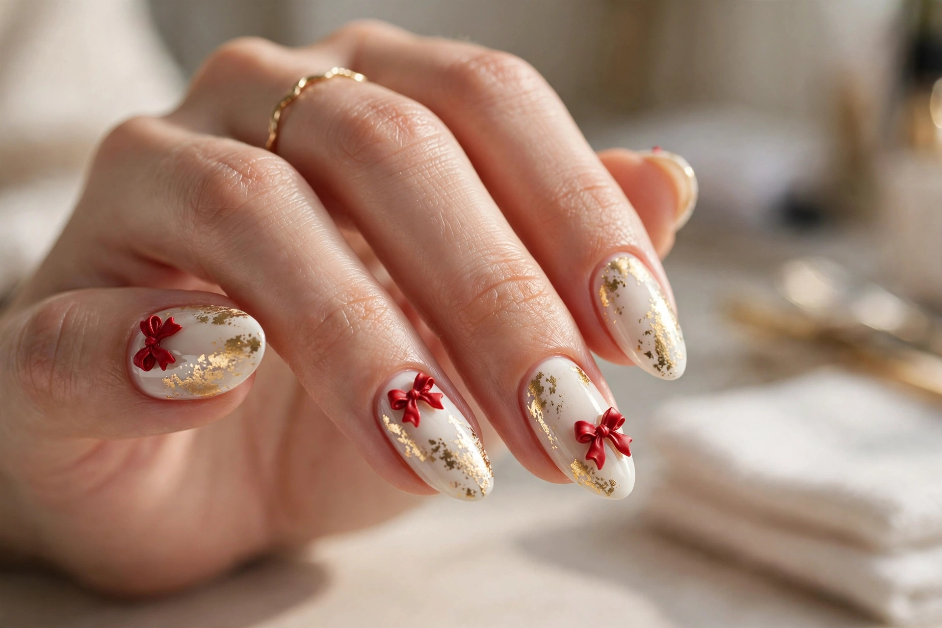 White nails with gold foil and red bows