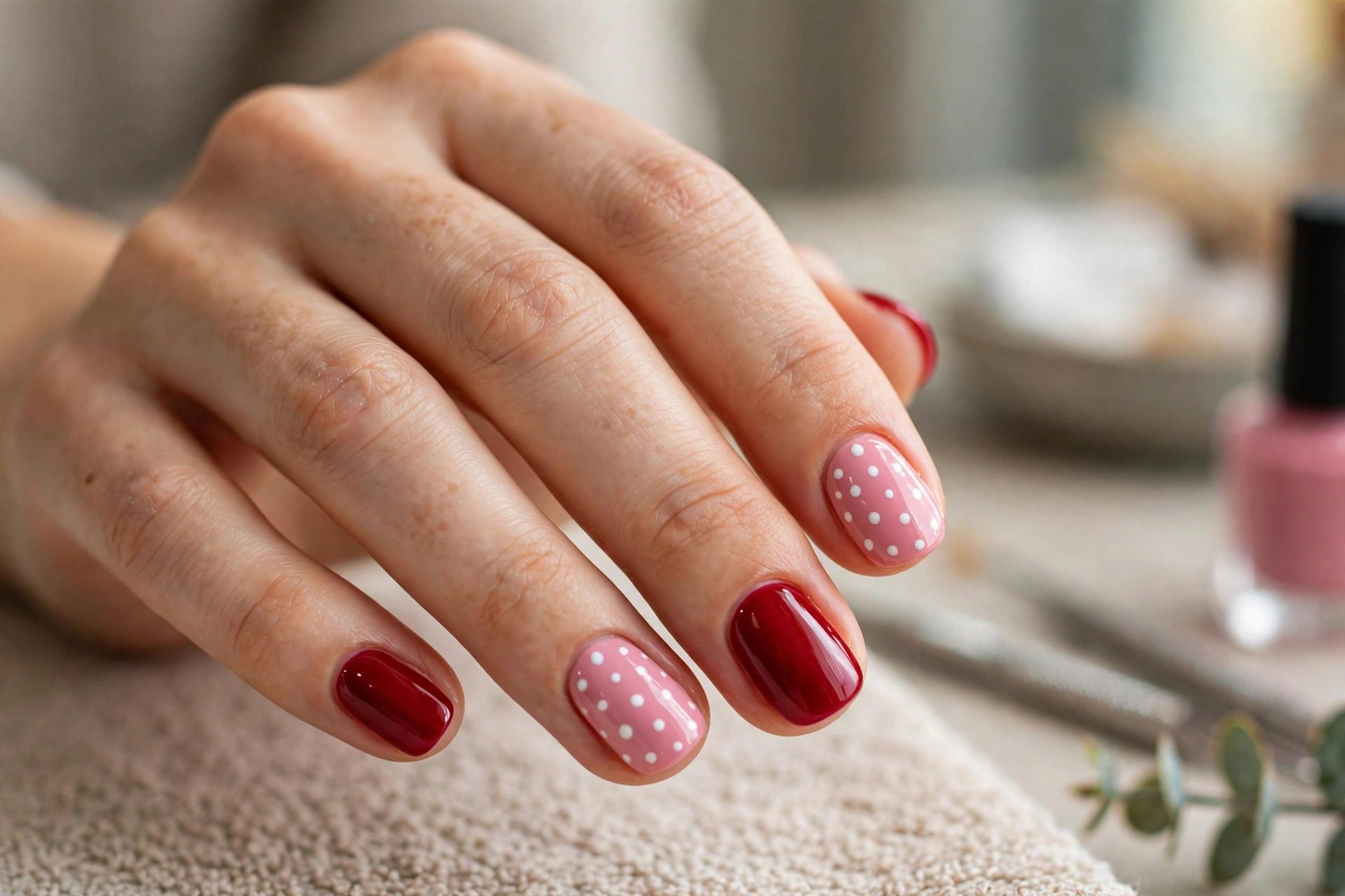 Alternating red and pink nails with polka dots