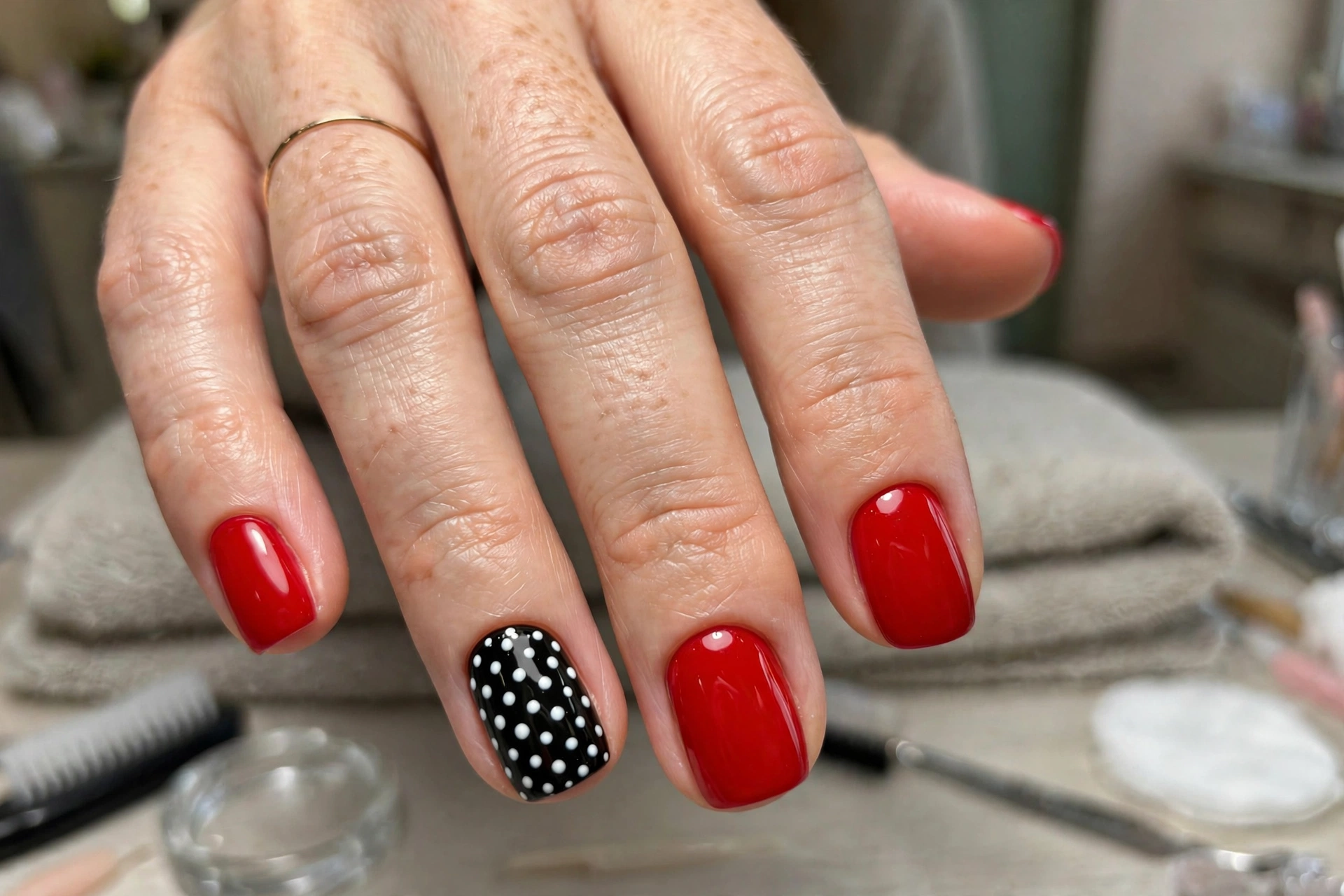 Red nails with black and white polka dot accent nail