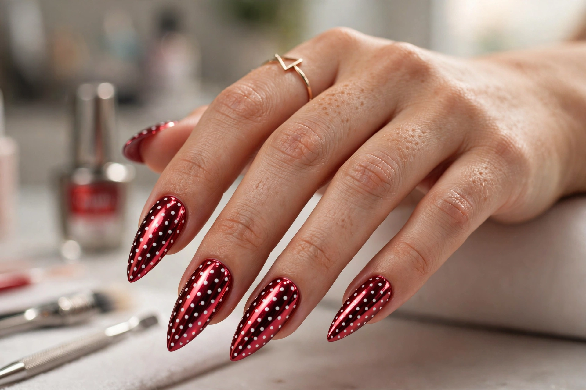 Metallic red chrome nails with white polka dots