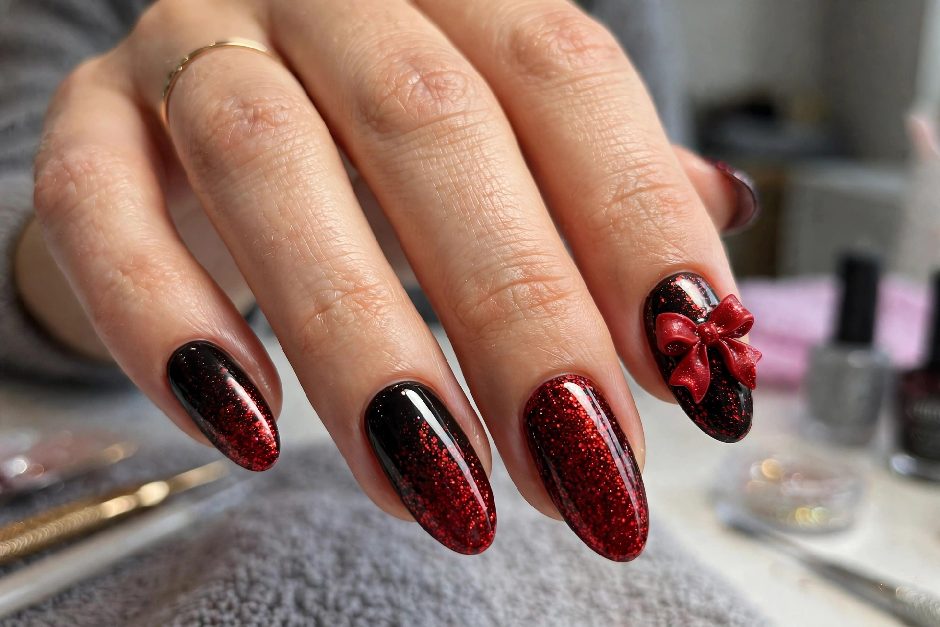Black red glitter gradient nails with bow
