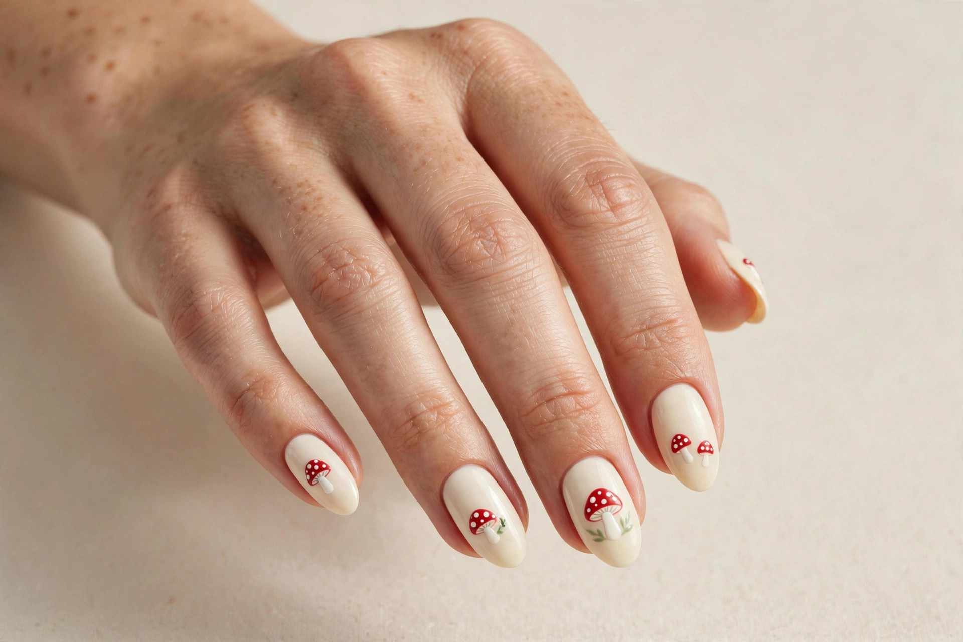 Close-up of a woman's hand with cute red and white mushroom nail art on cream fall manicure on almond shaped nails