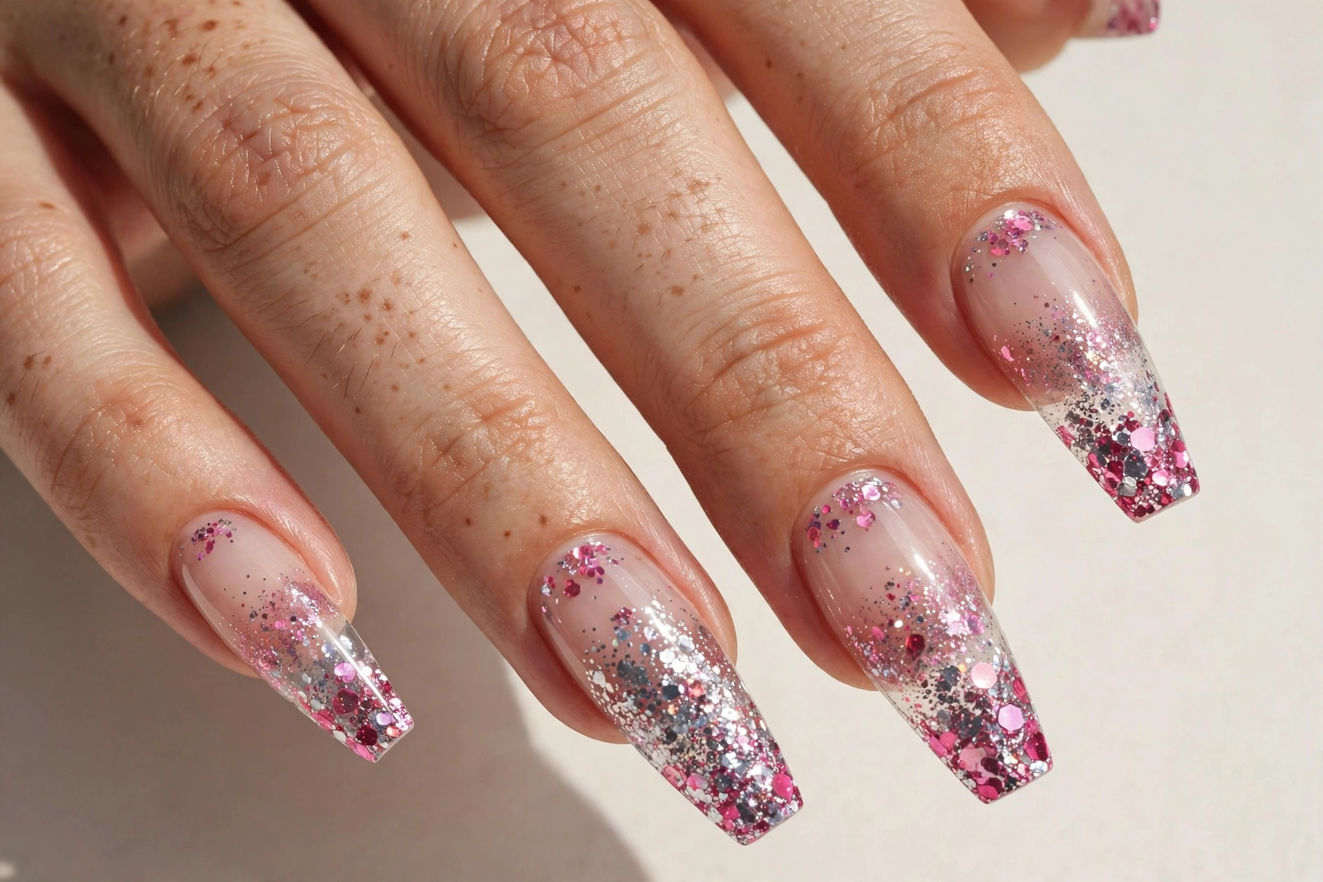 Glitter fade festival nails with sparkling silver and pink tips