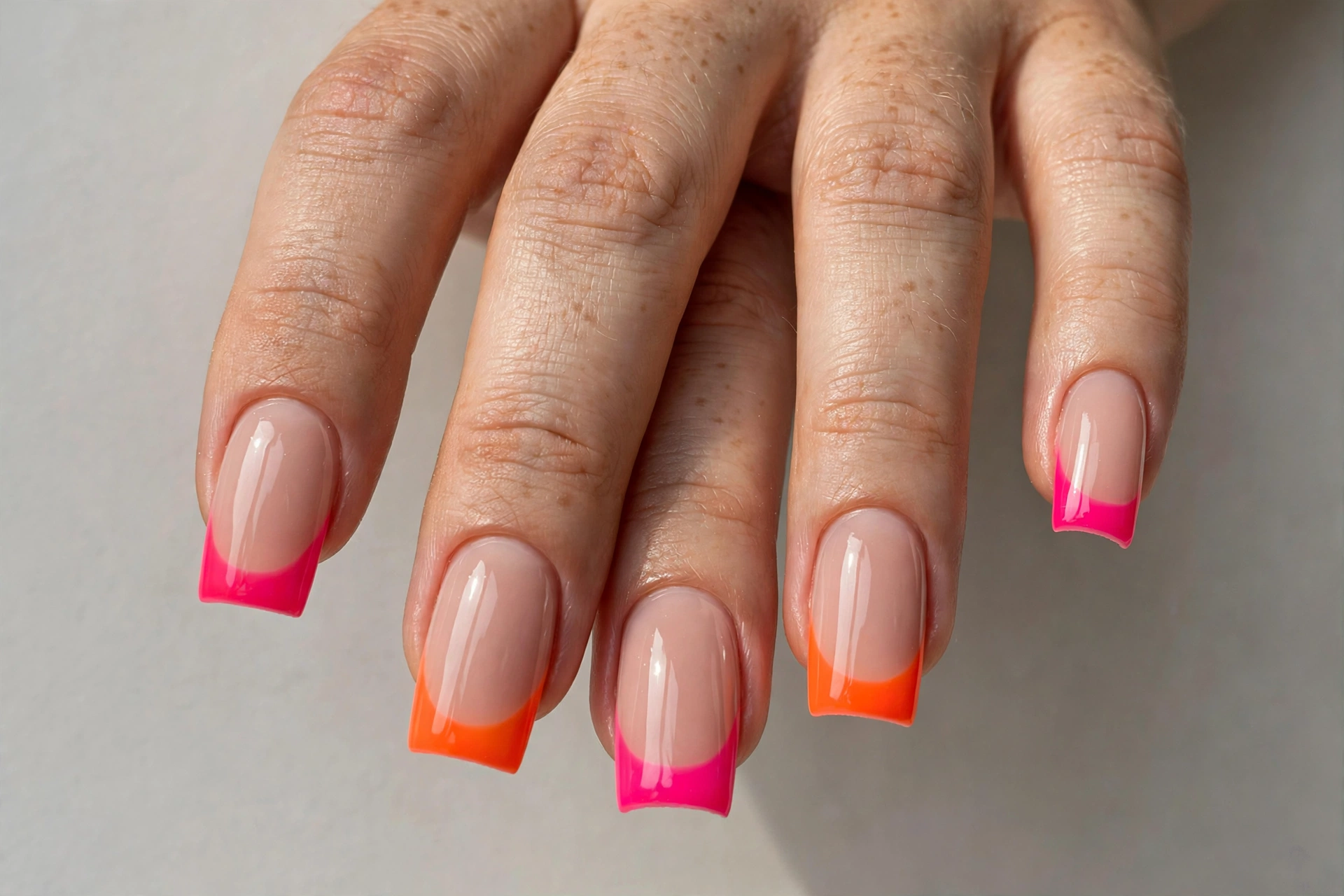 Neon French tip festival nails with bright orange and pink tips
