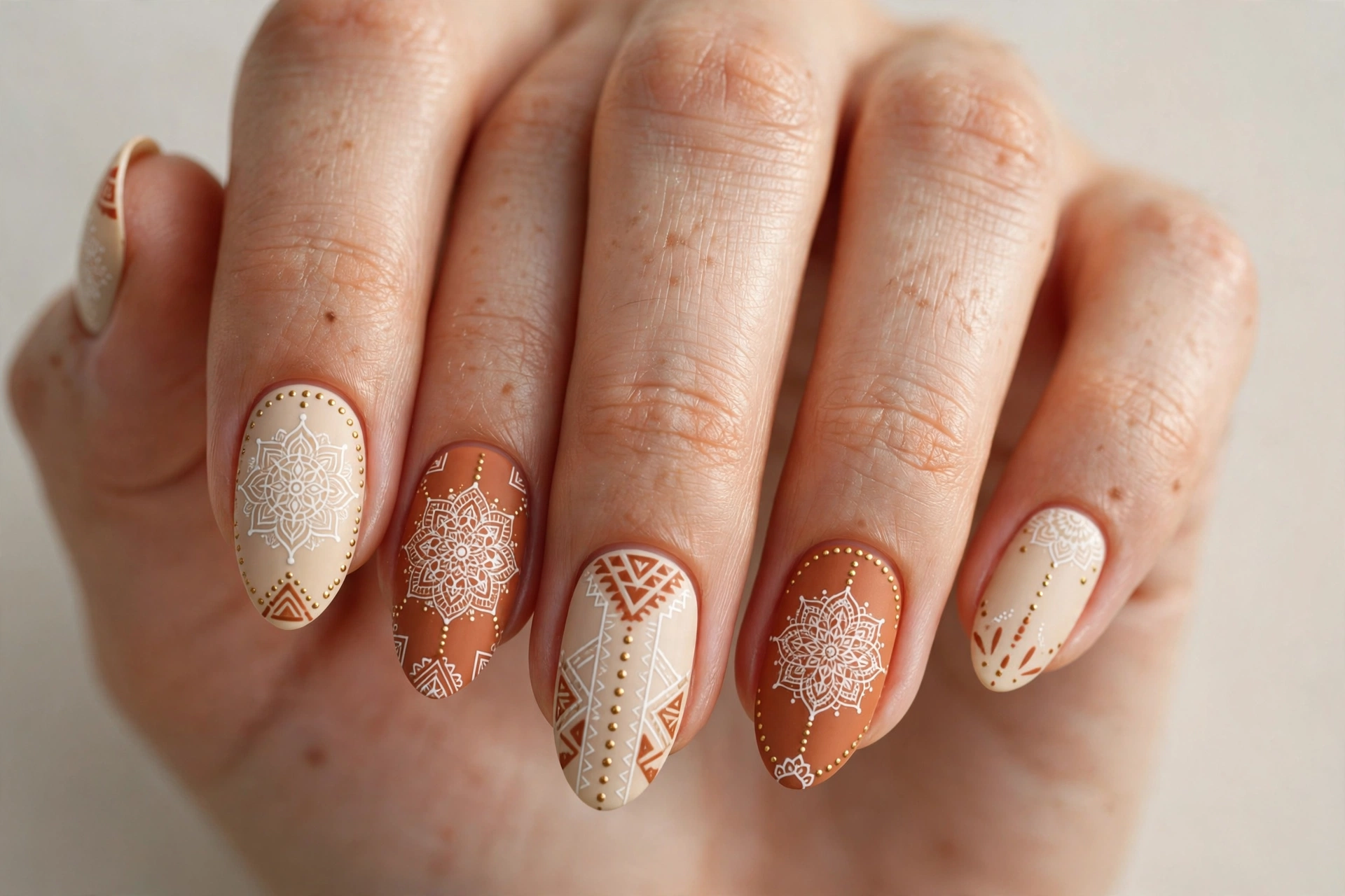 Boho mandala festival nails with terracotta base and white patterns