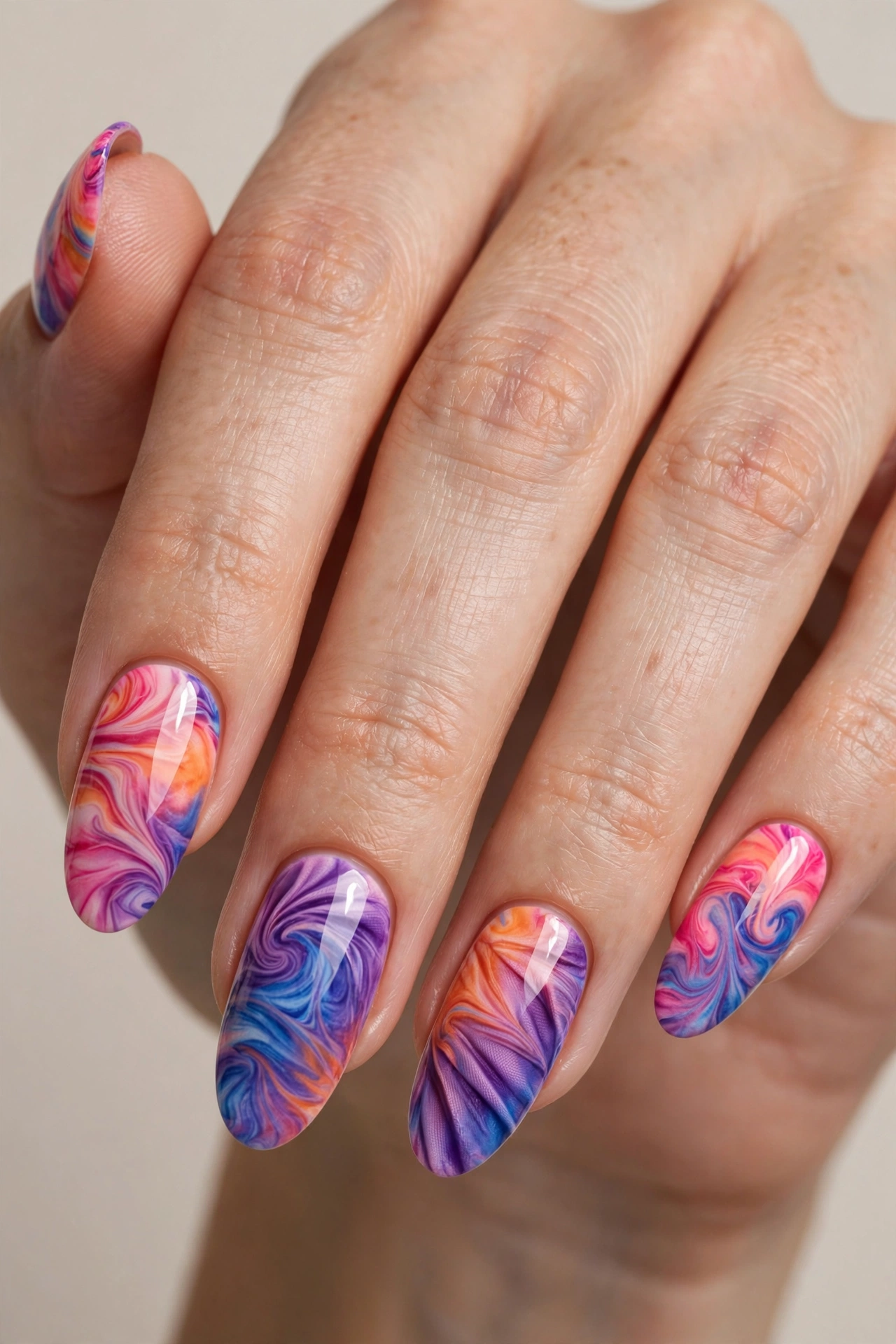 Rainbow tie-dye festival nails with swirled pink purple and blue