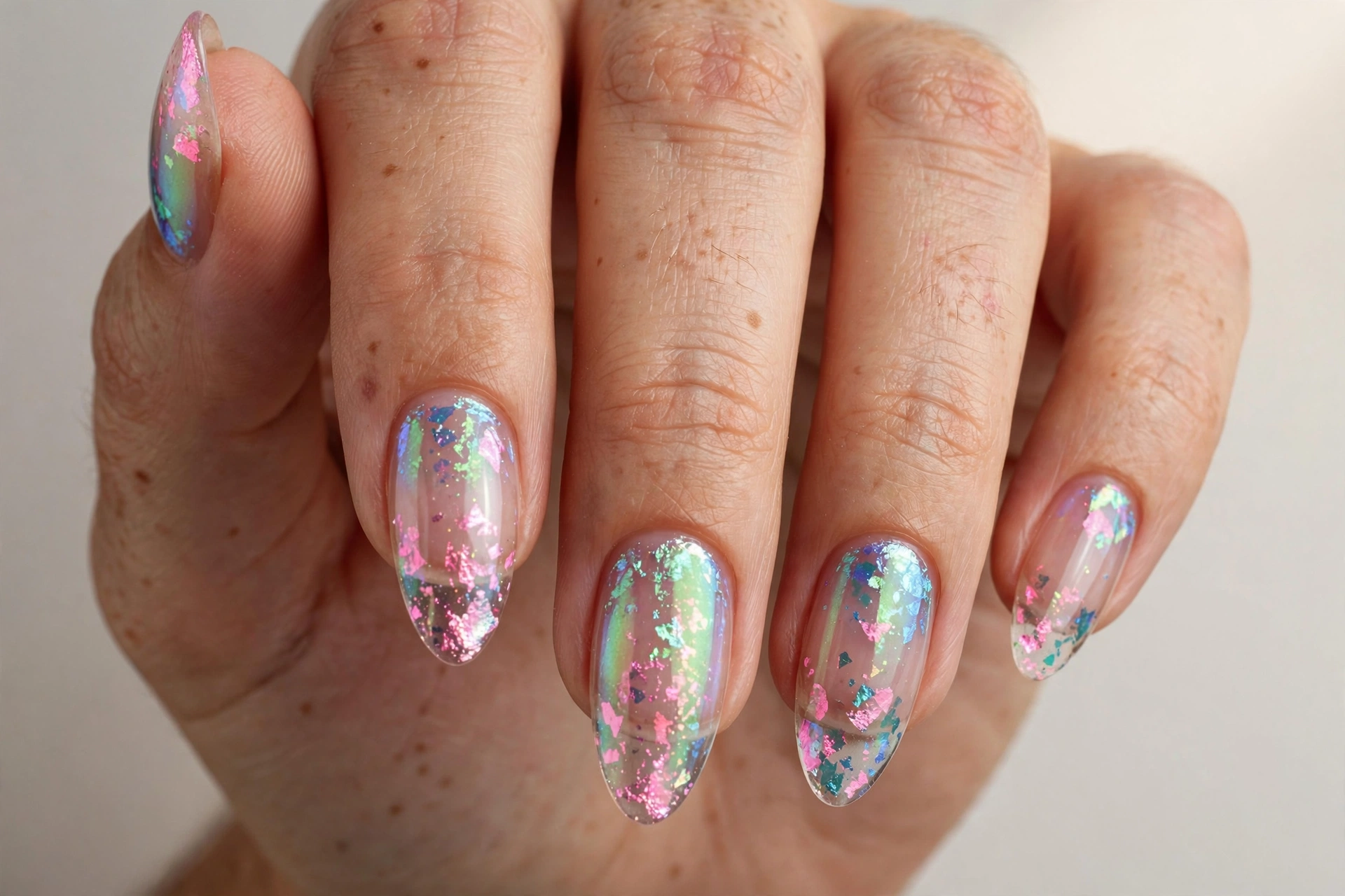 Iridescent aurora flake festival nails shifting pink green and blue