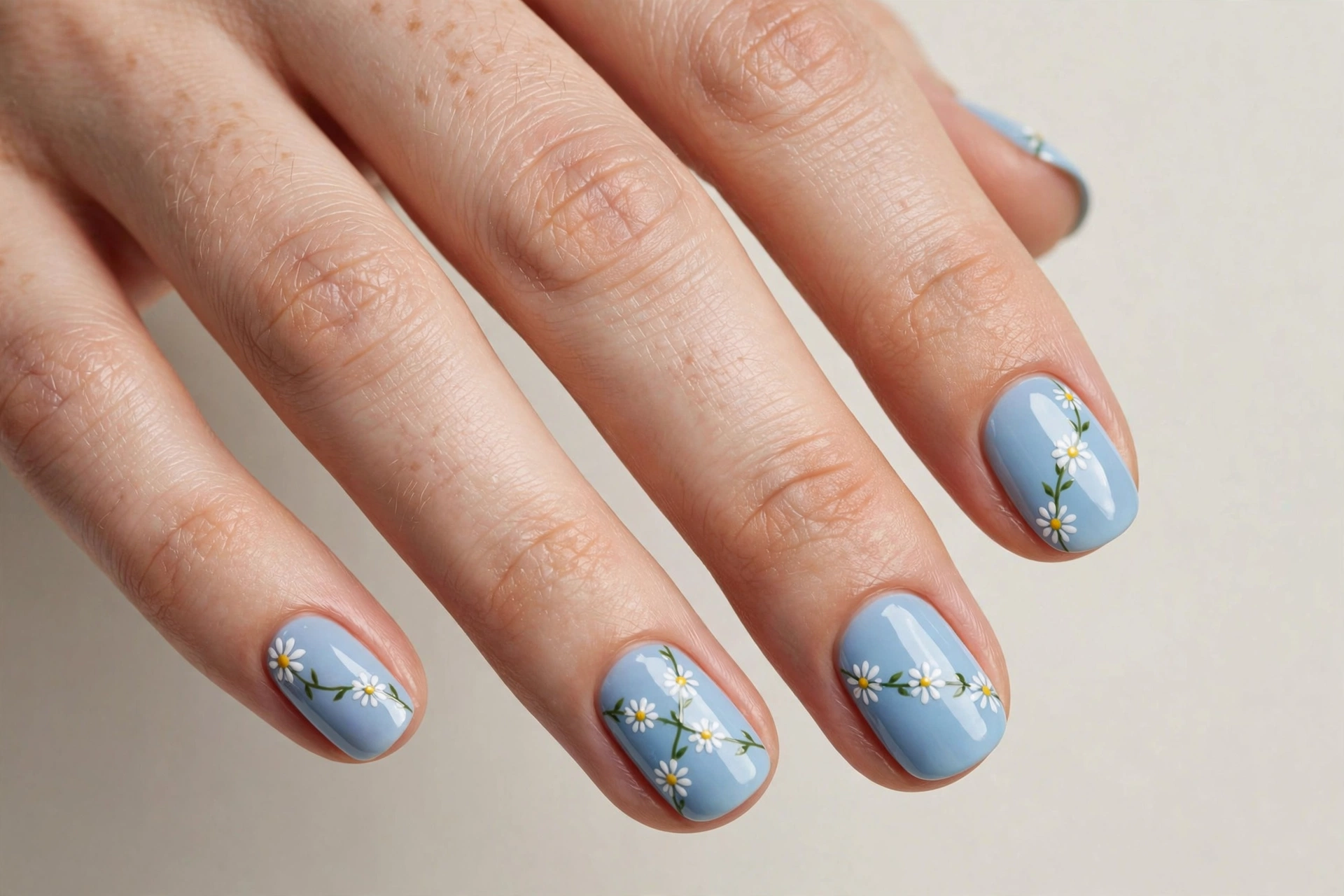 Daisy chain festival nails with white flowers on sky blue base