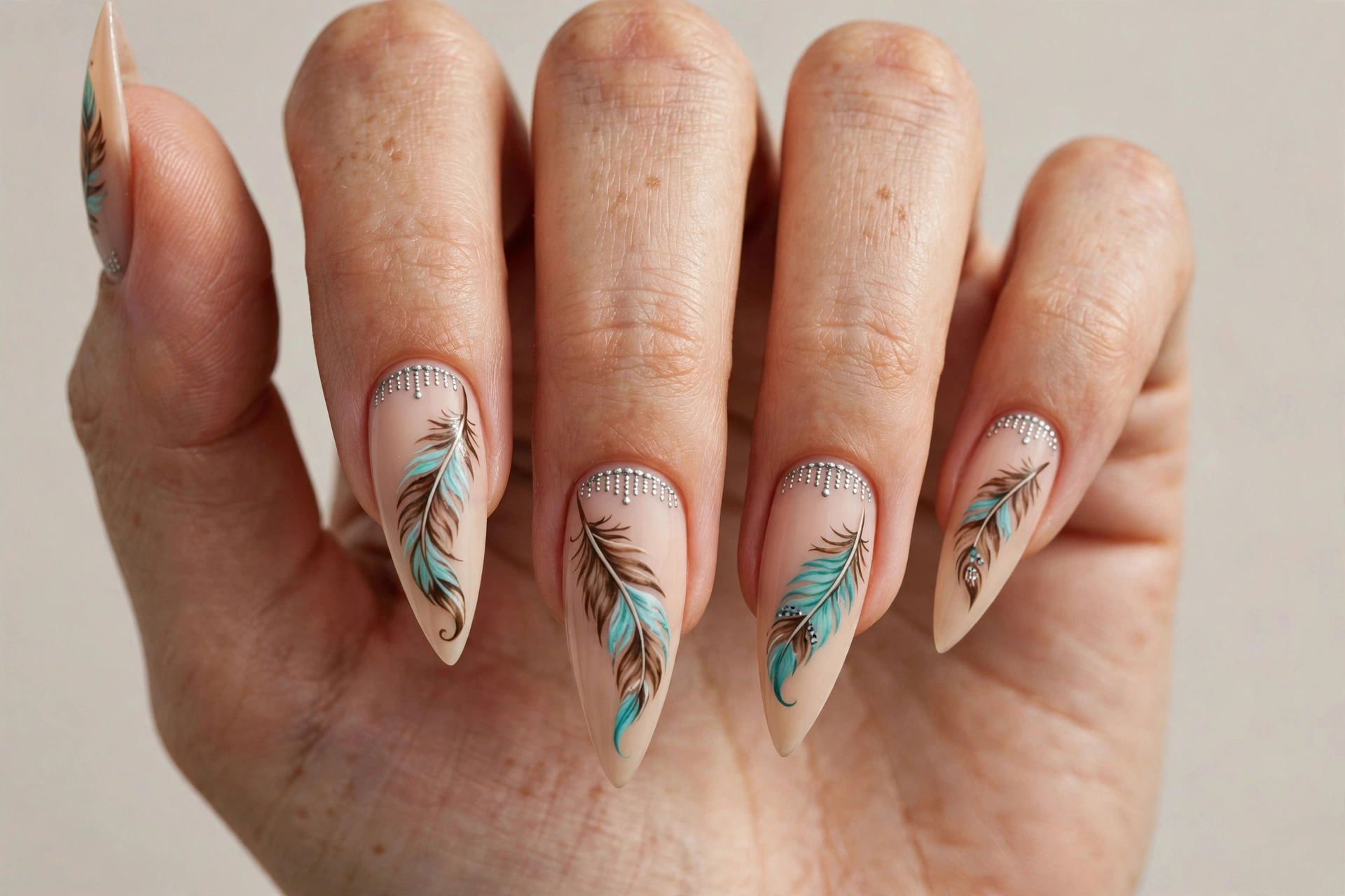 Boho fringe and feather festival nail art with turquoise details