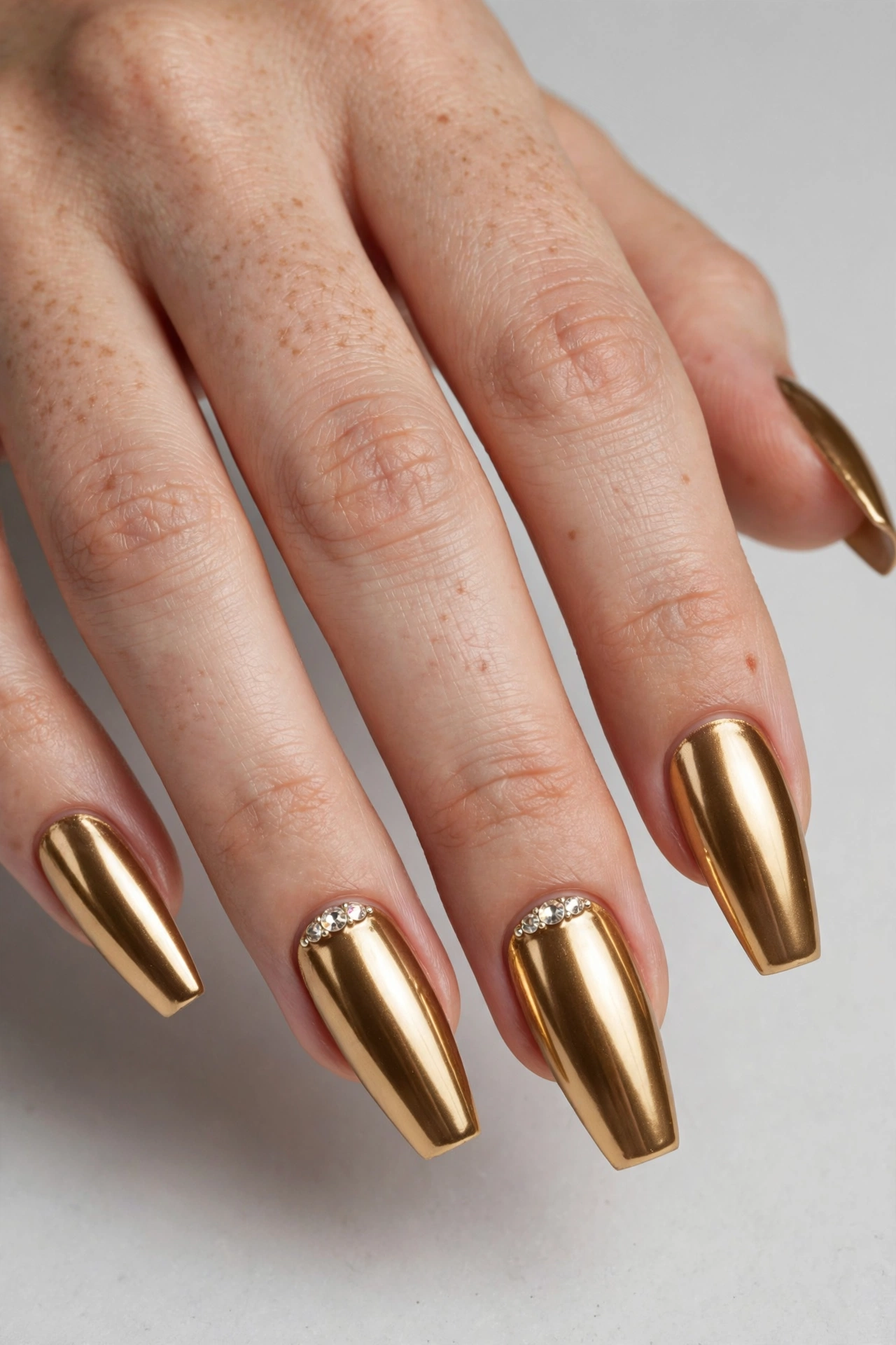 Metallic gold festival nails with liquid shine and rhinestone accents