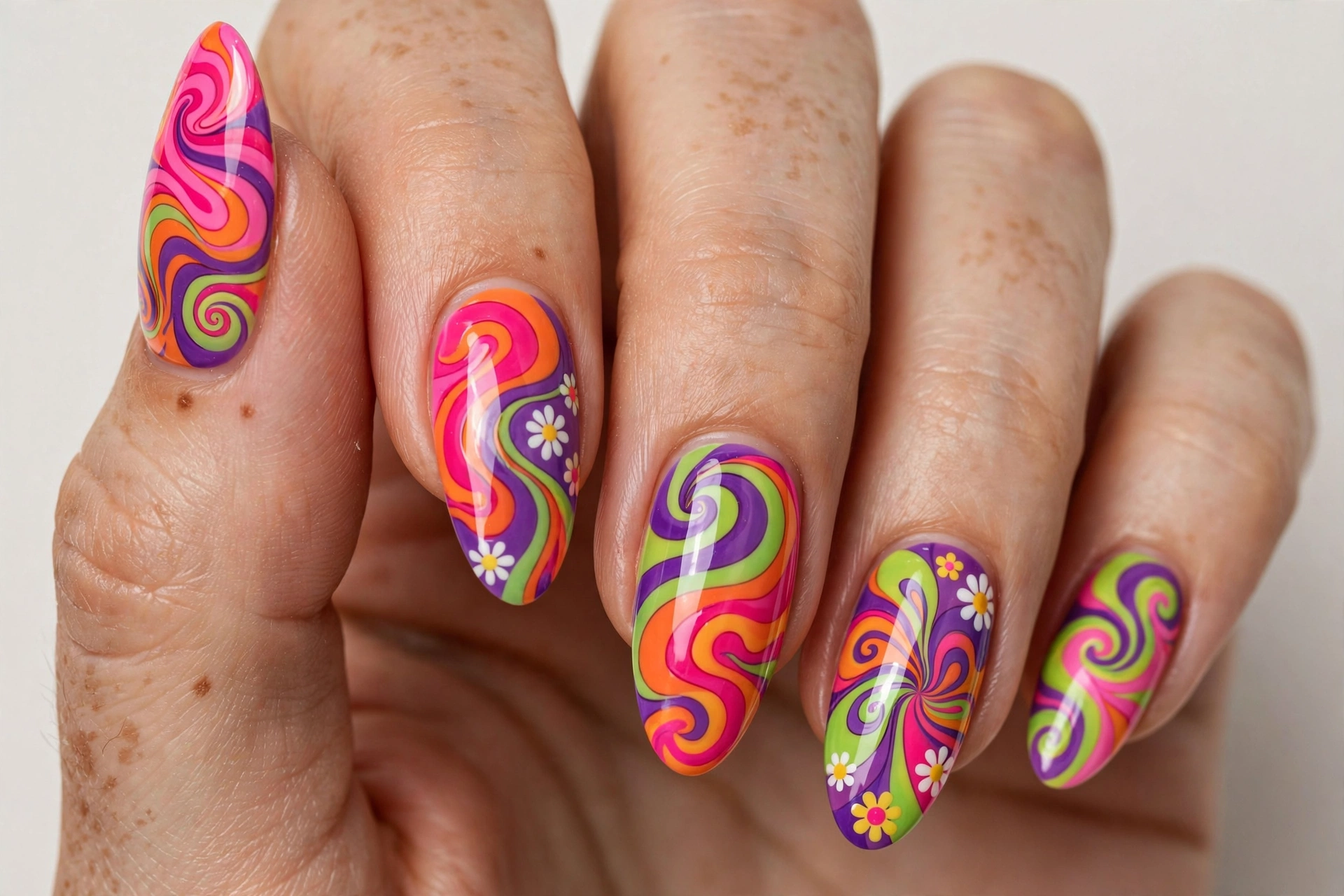 Psychedelic swirl festival nails with retro pink orange and green waves