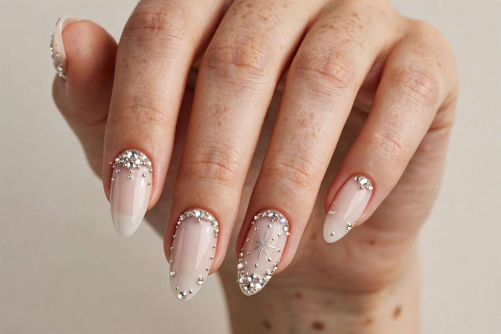 Rhinestone cowgirl festival nails with milky base and western stars