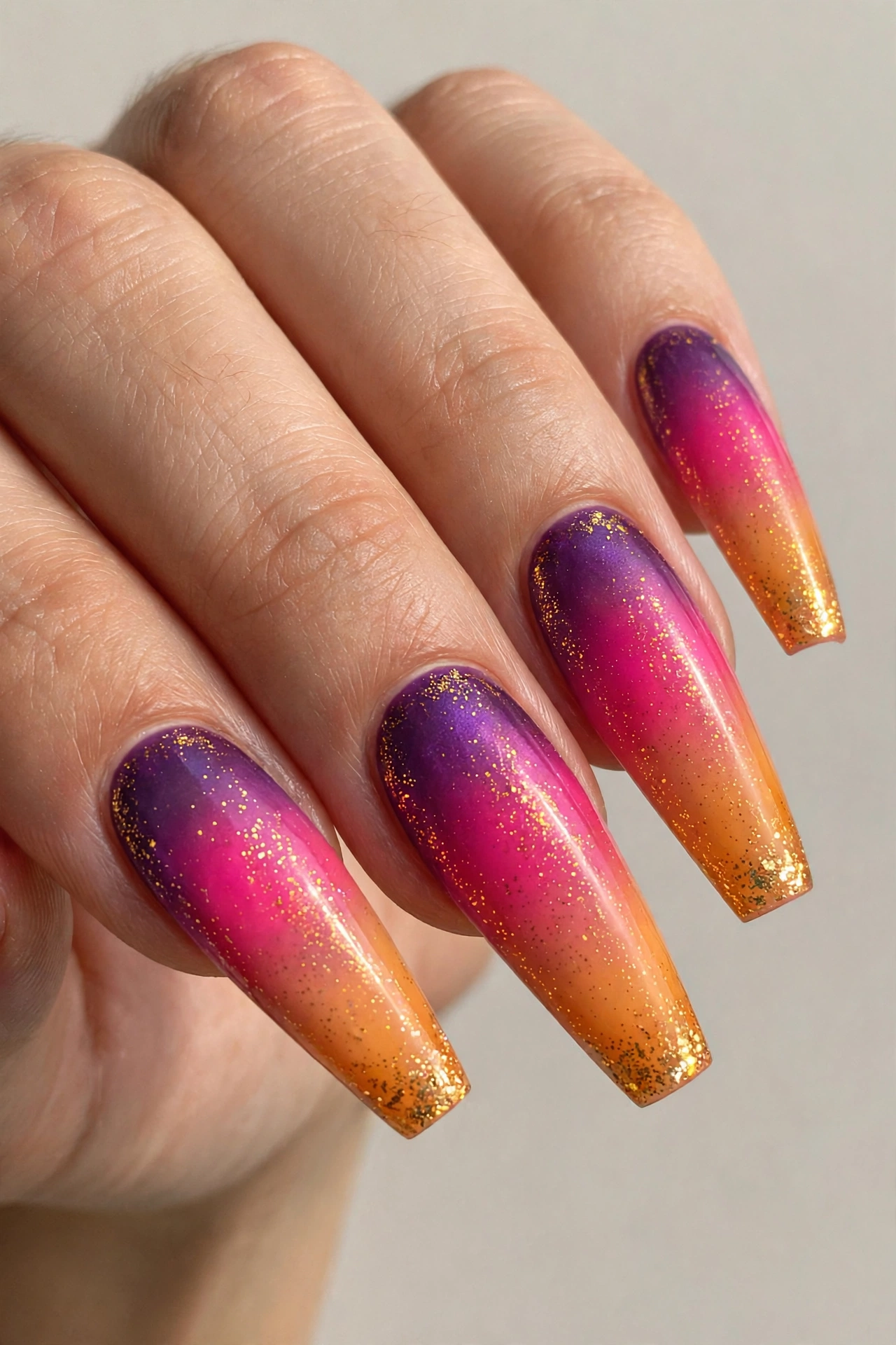 Sunset ombre festival nails blending purple pink and golden orange