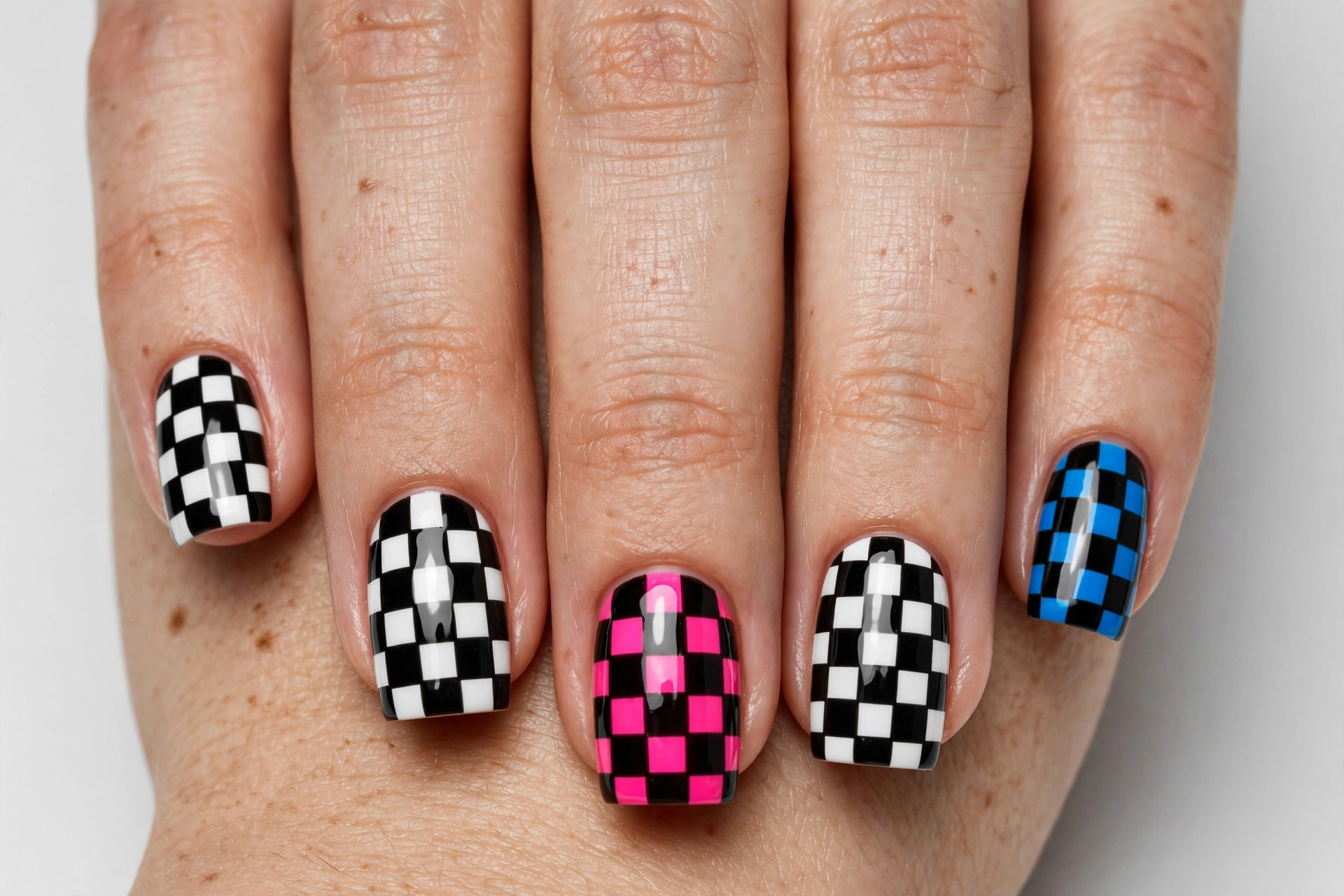 Checkerboard rave festival nails with neon pink and blue accents