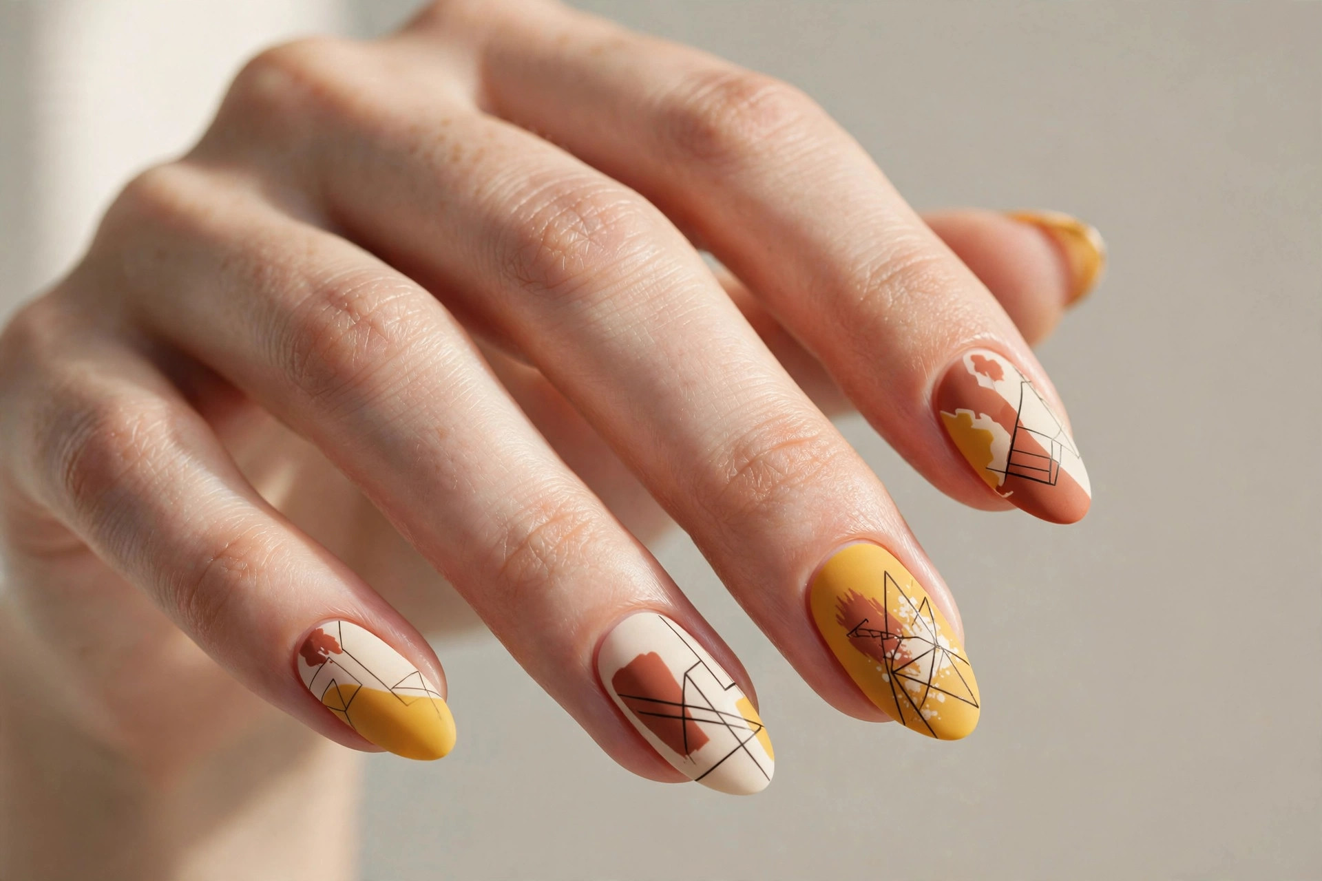 Mustard yellow abstract fall nail art with modern line details
