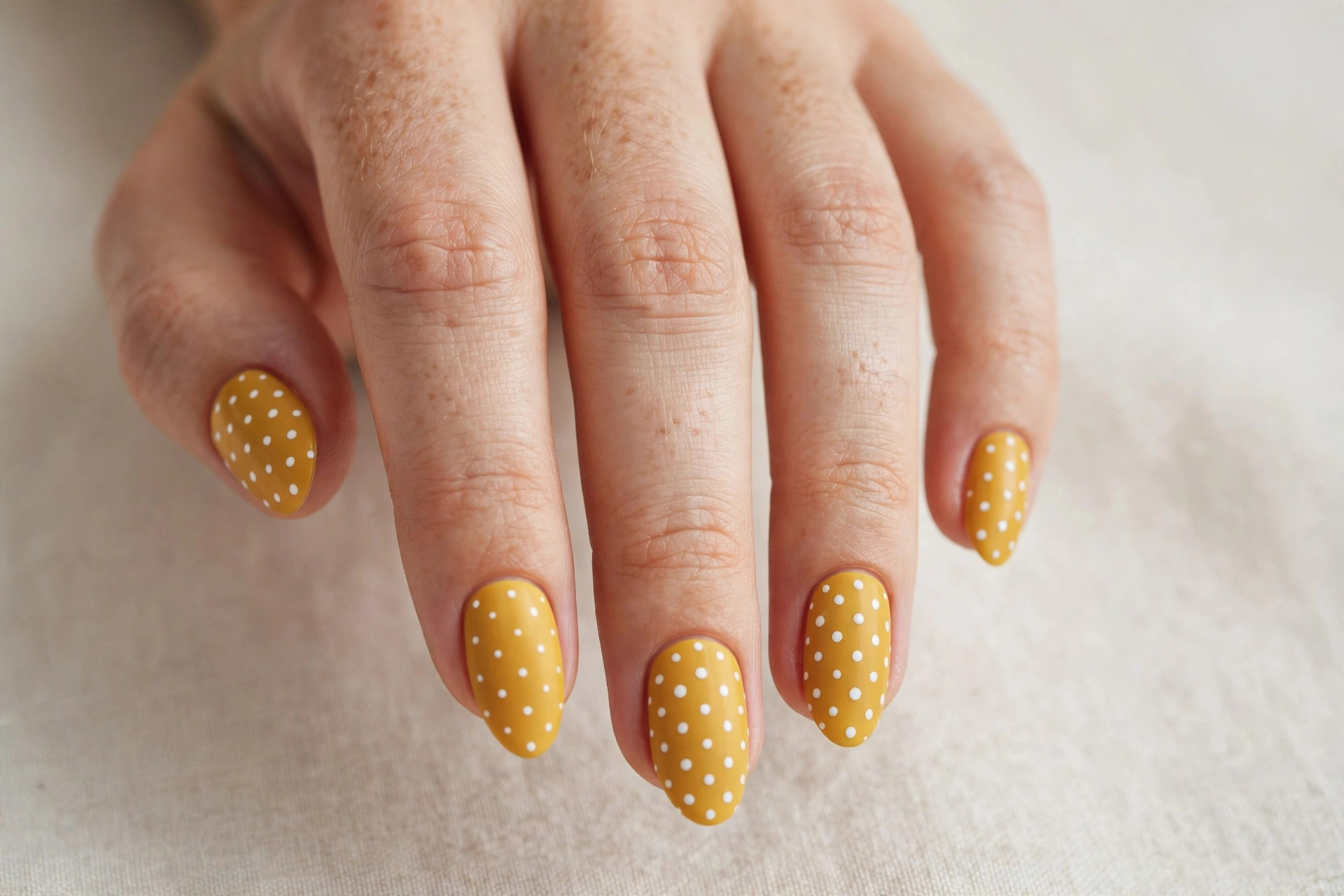 Close-up of a woman's hand with mustard yellow manicure with white polka dots on almond shaped nails