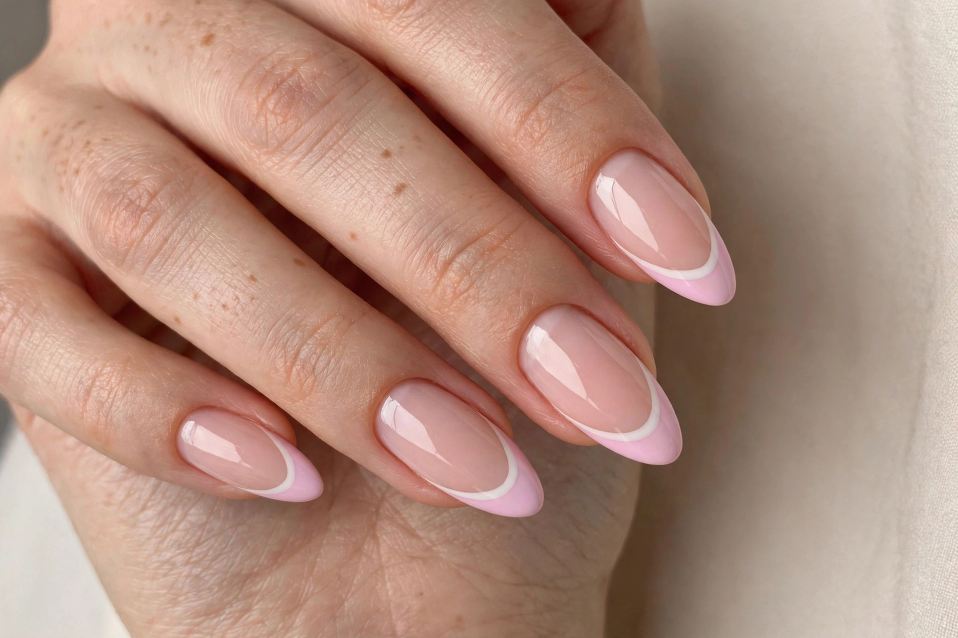 Double french tip manicure in pastel pink and white on almond nails