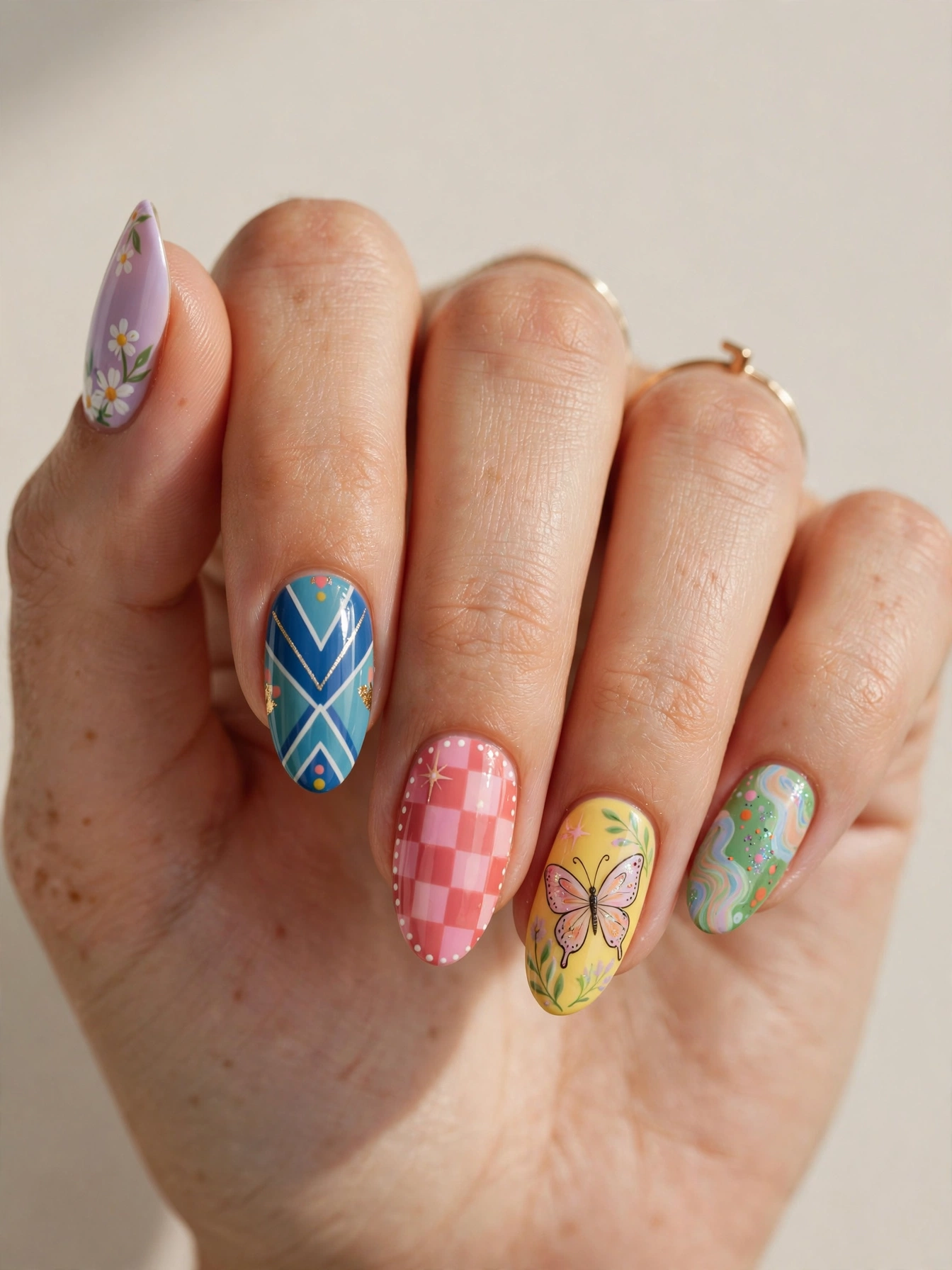 White and grey marble swirl nail art on almond-shaped nails