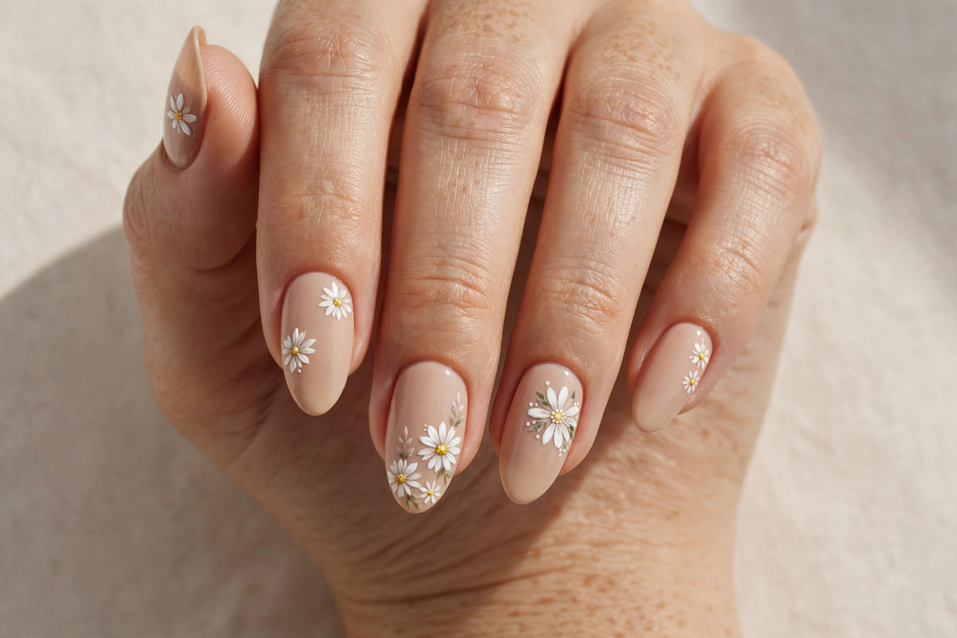 Hand-painted white daisy floral nail art on nude base, almond nails