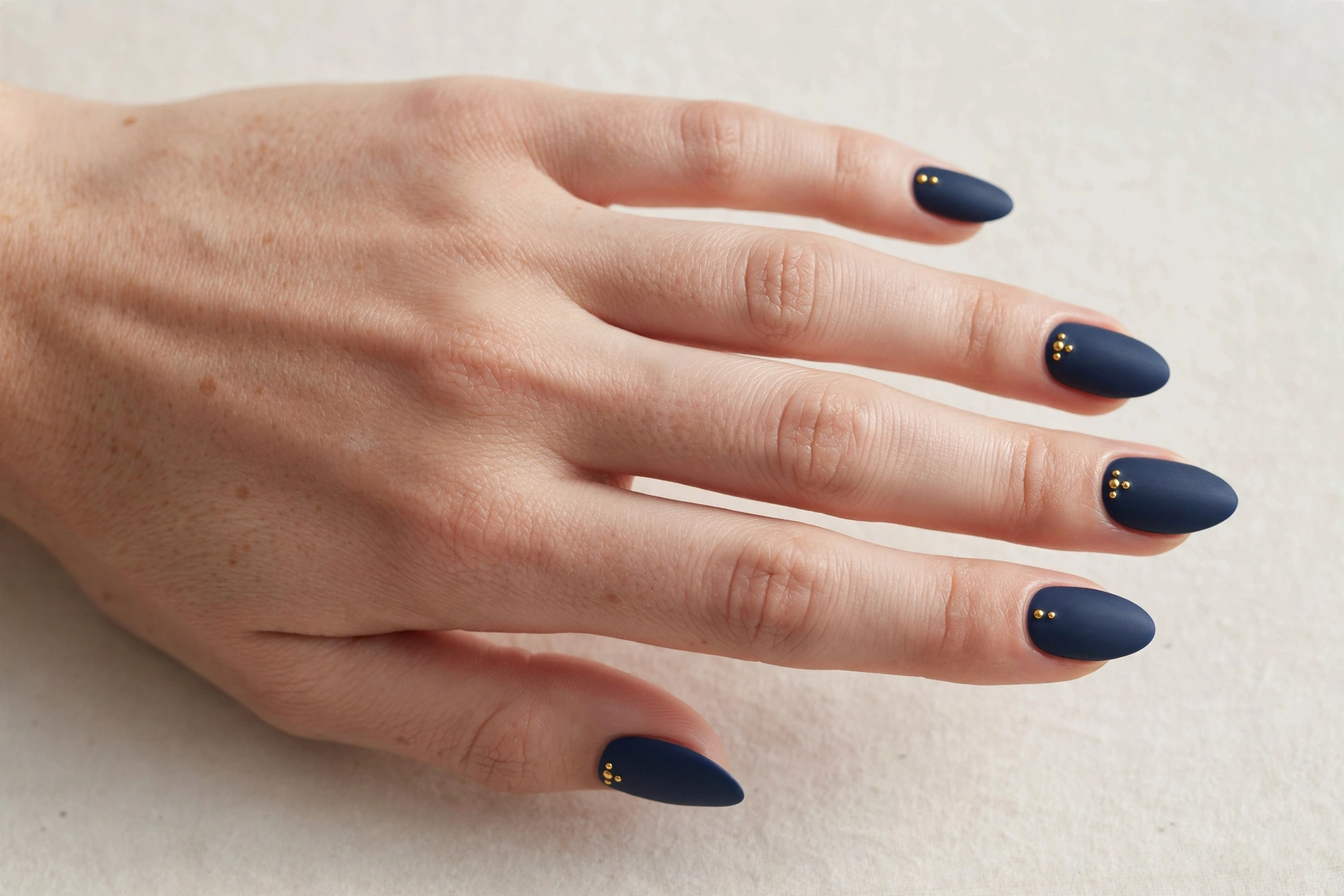 Matte navy blue manicure with tiny gold stud accents on almond nails
