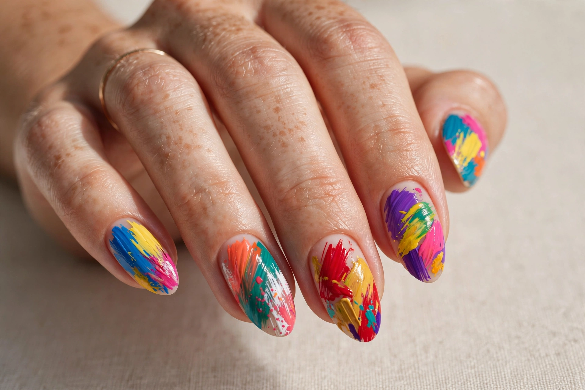 Colorful butterfly wing inspired nail art on almond-shaped nails