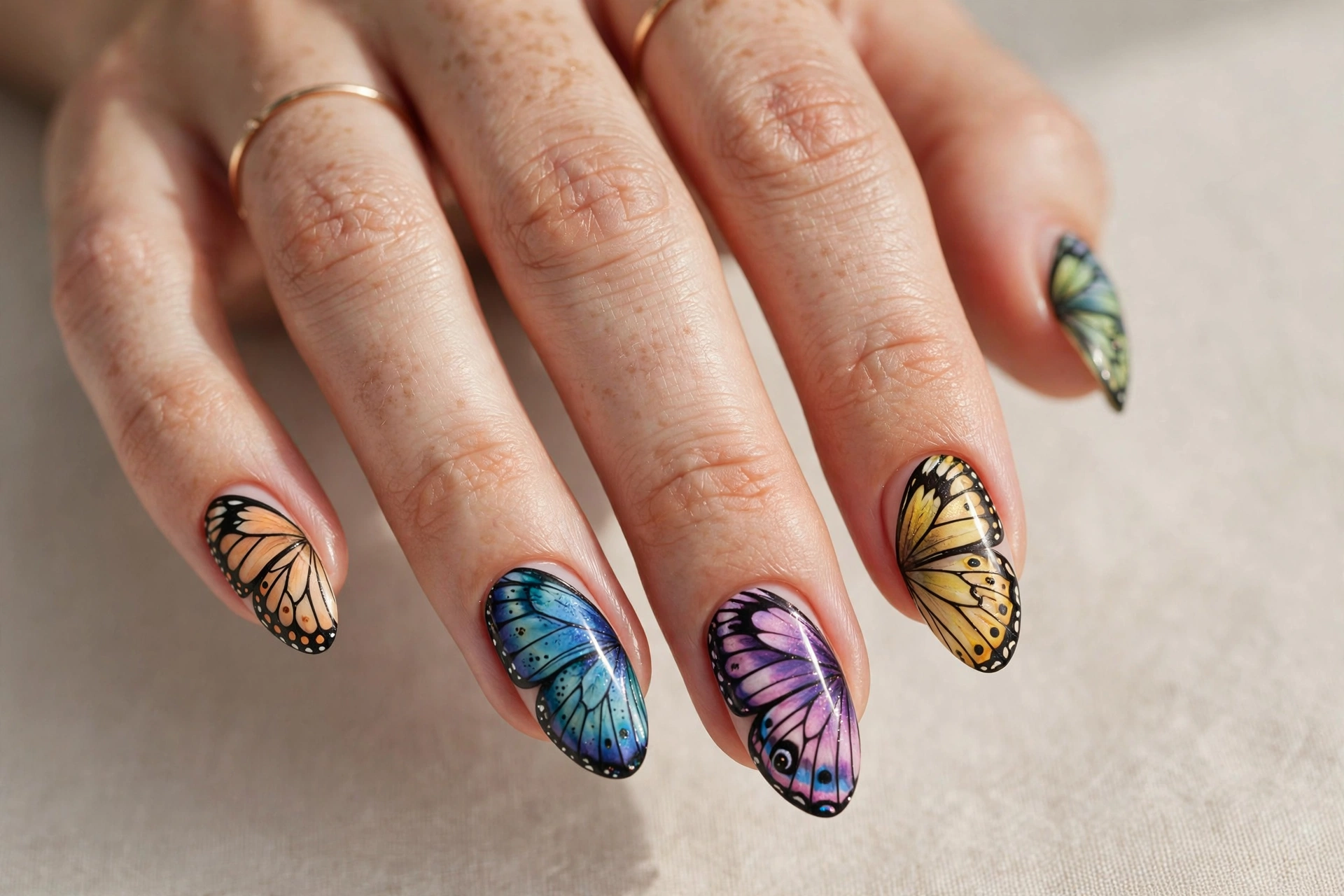 Minimalist negative space nail art with tiny dots on almond nails