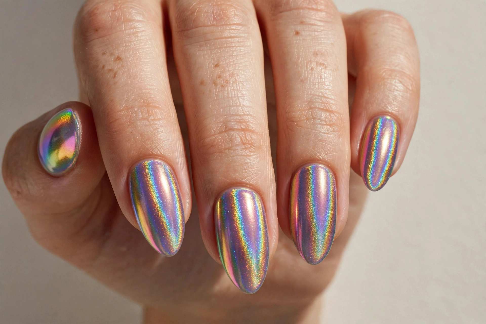 Tropical palm leaf nail art on bright base, almond-shaped nails
