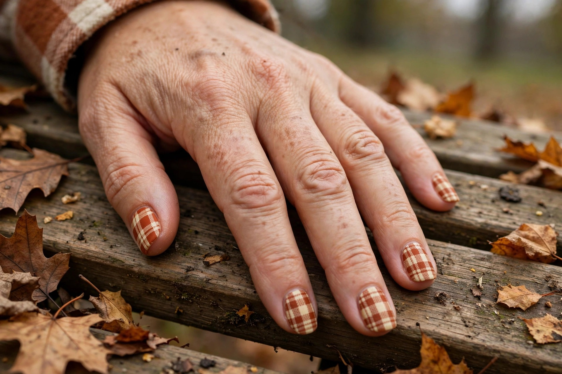 Rust orange and cream plaid nail art on medium square autumn nails
