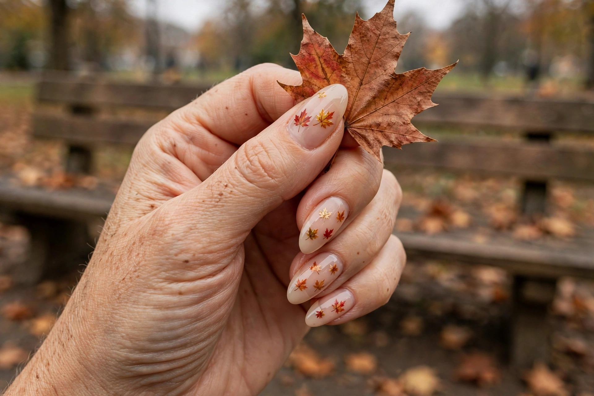 Hand-painted tiny maple leaves in red gold and orange on sheer nude autumn nails