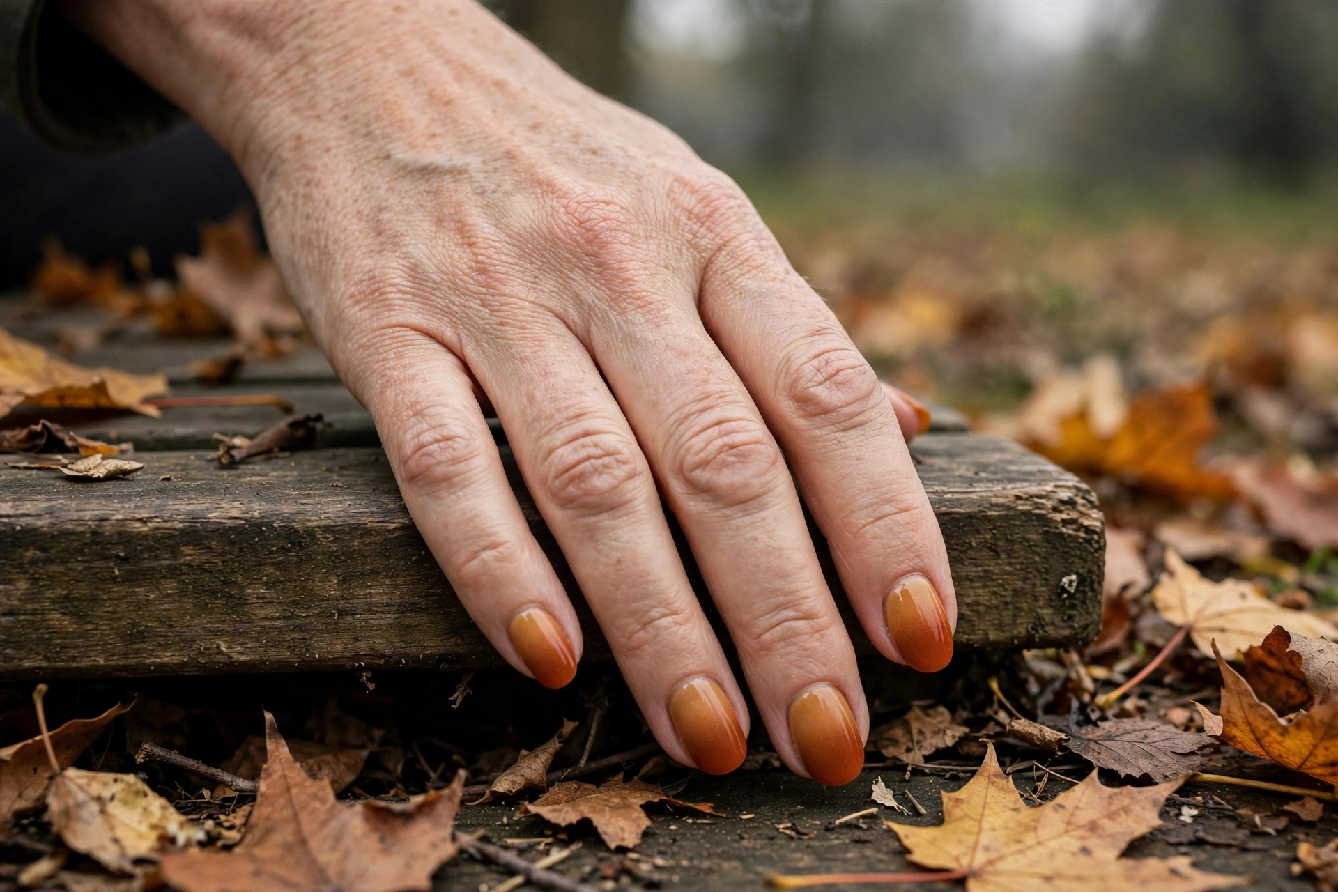 Pumpkin spice ombre nails fading from caramel to burnt orange on oval nails