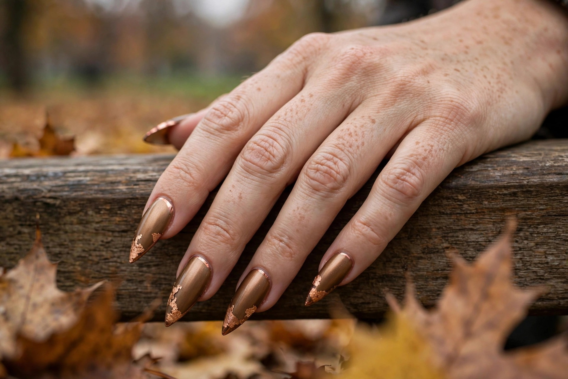 Copper foil tips over a warm bronze base on long stiletto autumn nails
