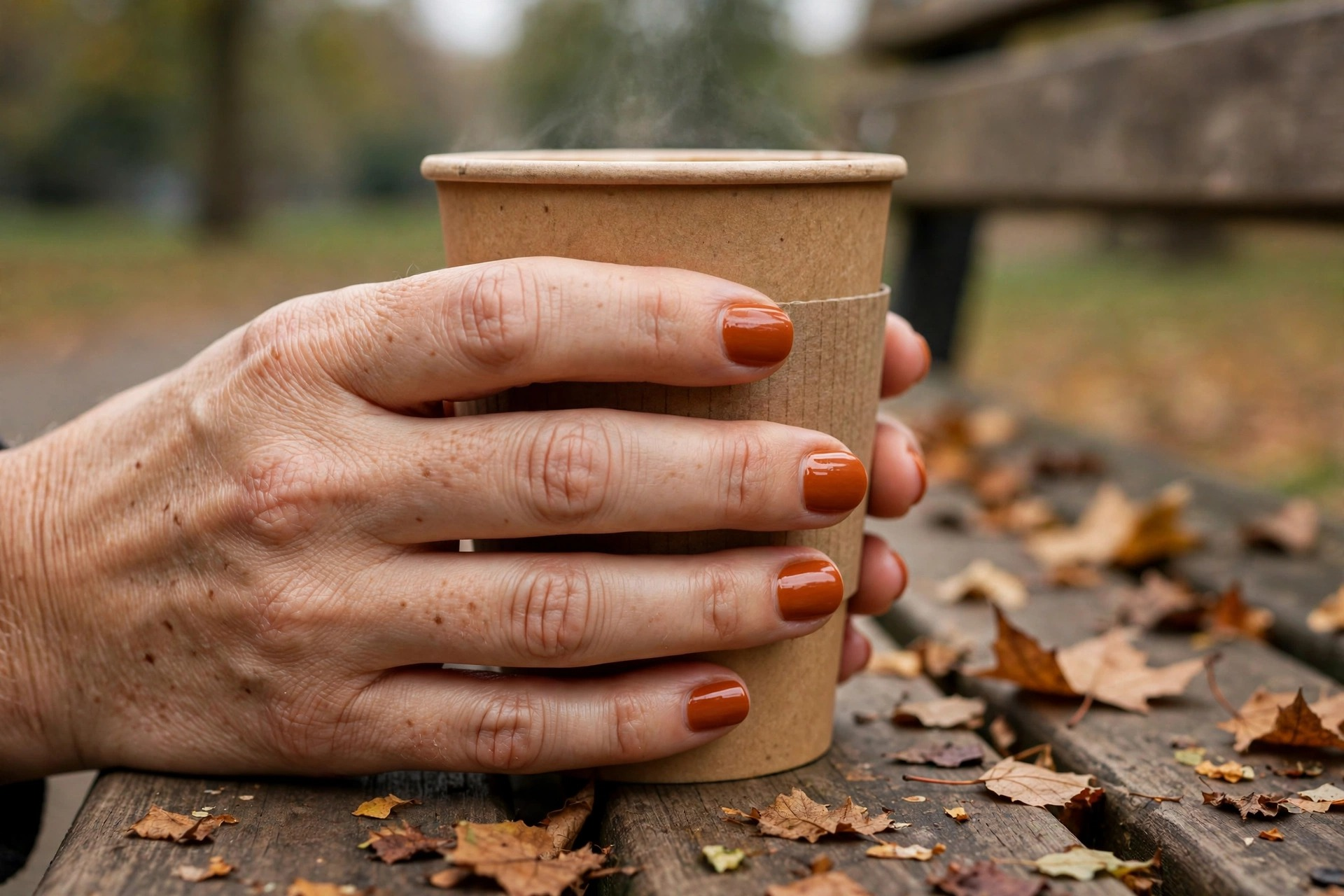 Glossy burnt orange creme nails on short rounded autumn nails