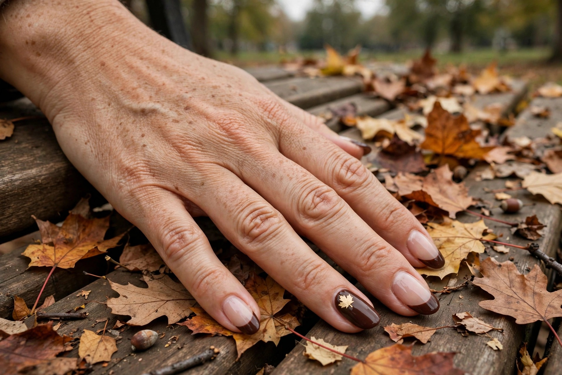 French manicure with chocolate brown tips and a tiny gold maple leaf accent nail