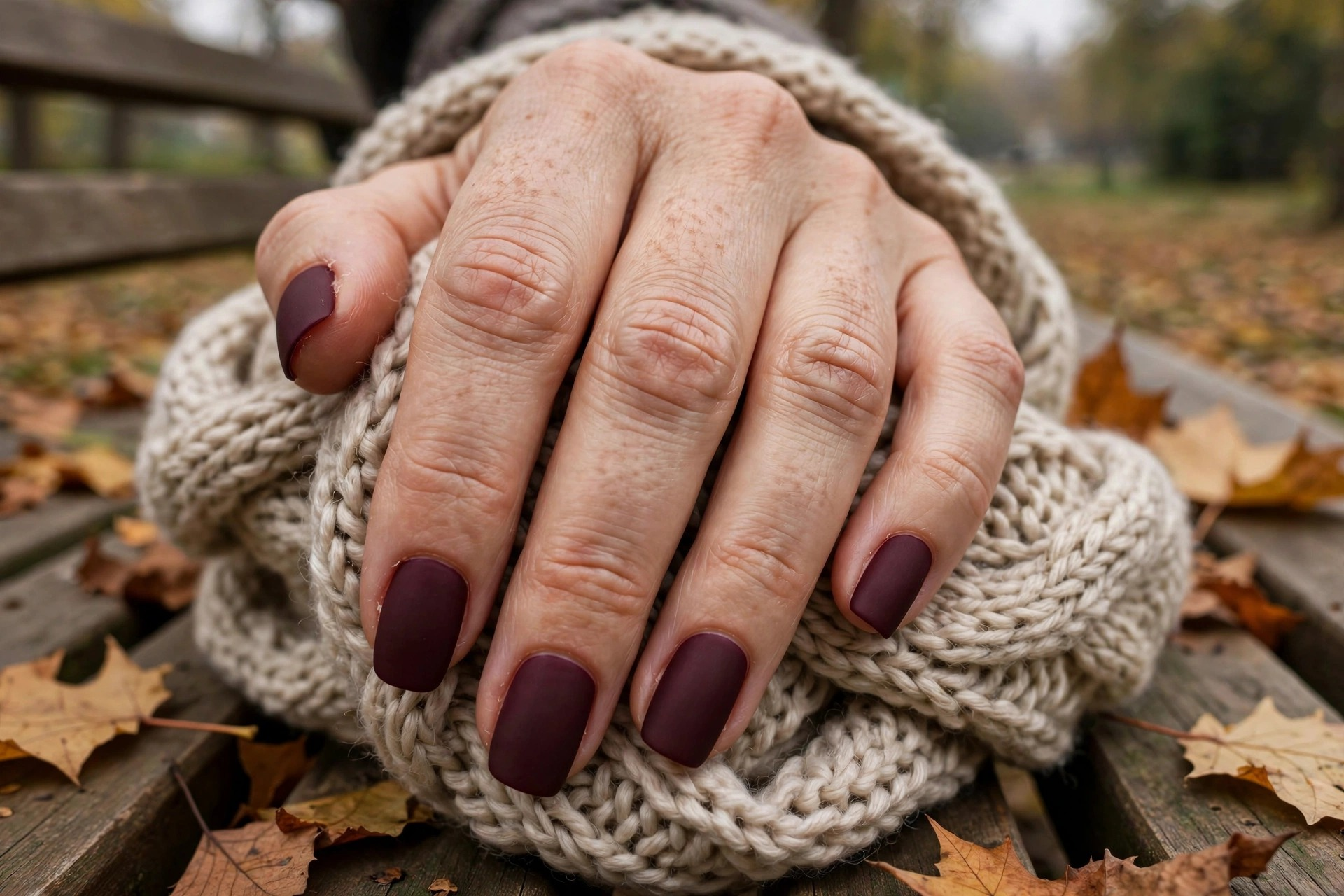 Deep burgundy matte nails with a soft velvety finish on squoval autumn nails