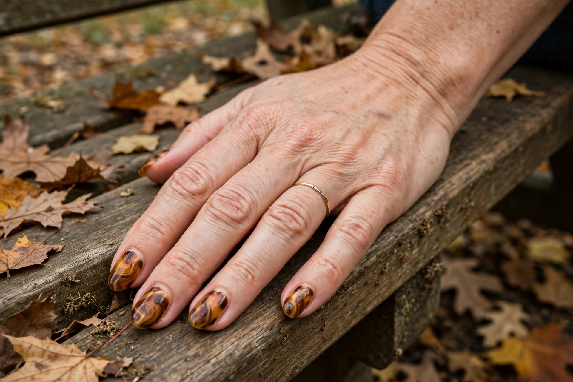 Tortoiseshell nail art with amber brown and caramel swirls on almond autumn nails