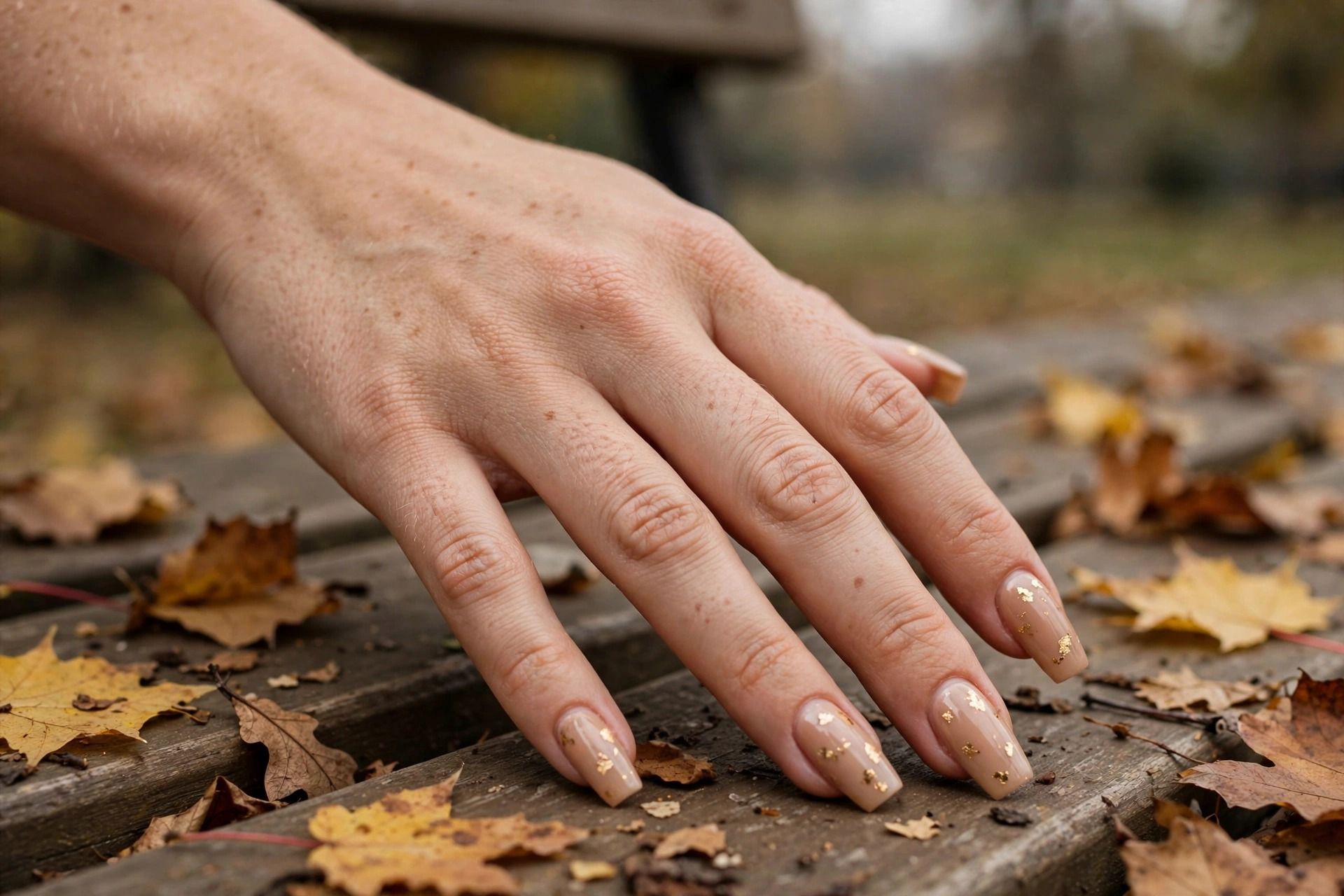 Warm nude nails with delicate gold flake accents on medium coffin autumn nails