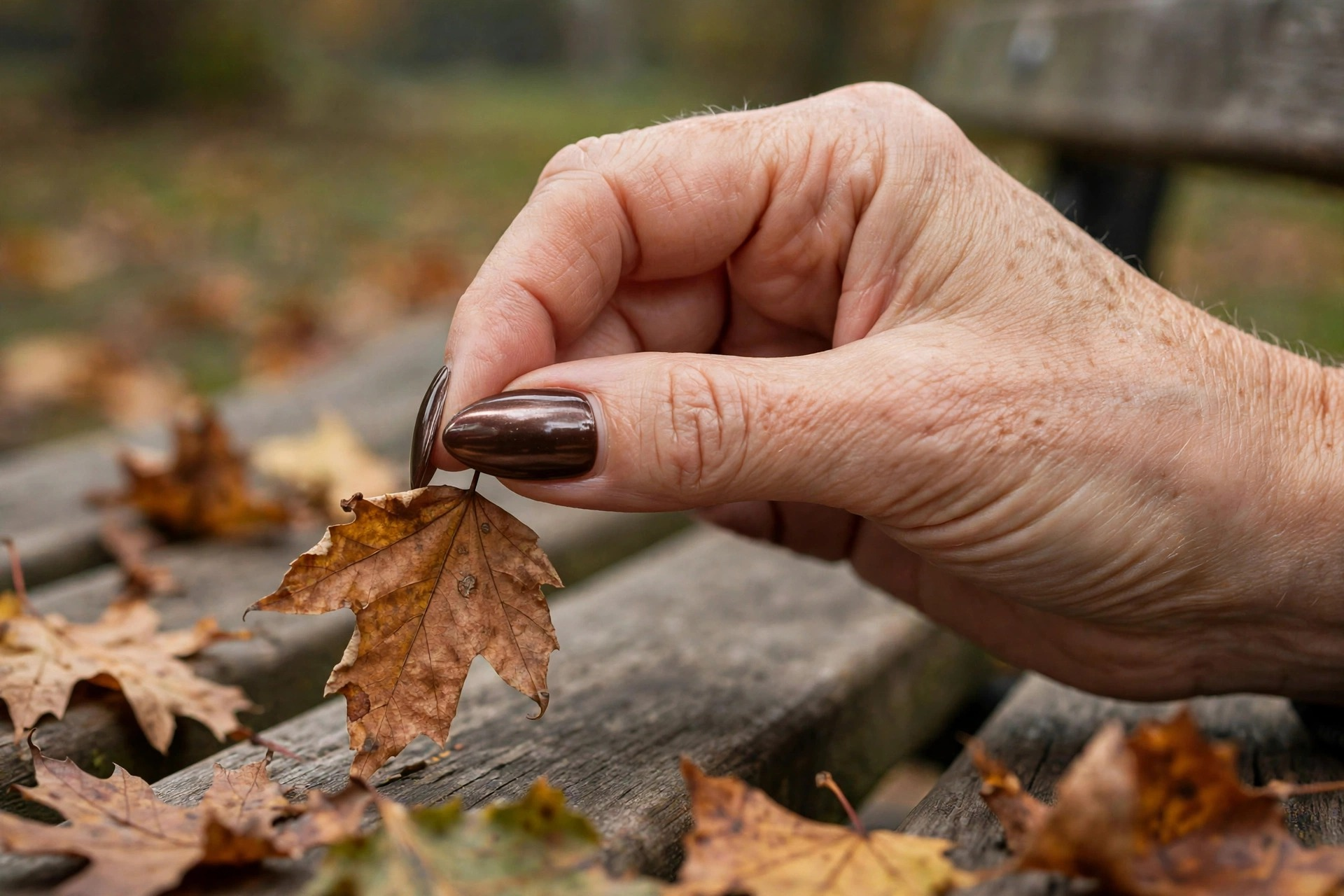 Rich chocolate brown chrome nails with a mirror shine on long almond autumn nails