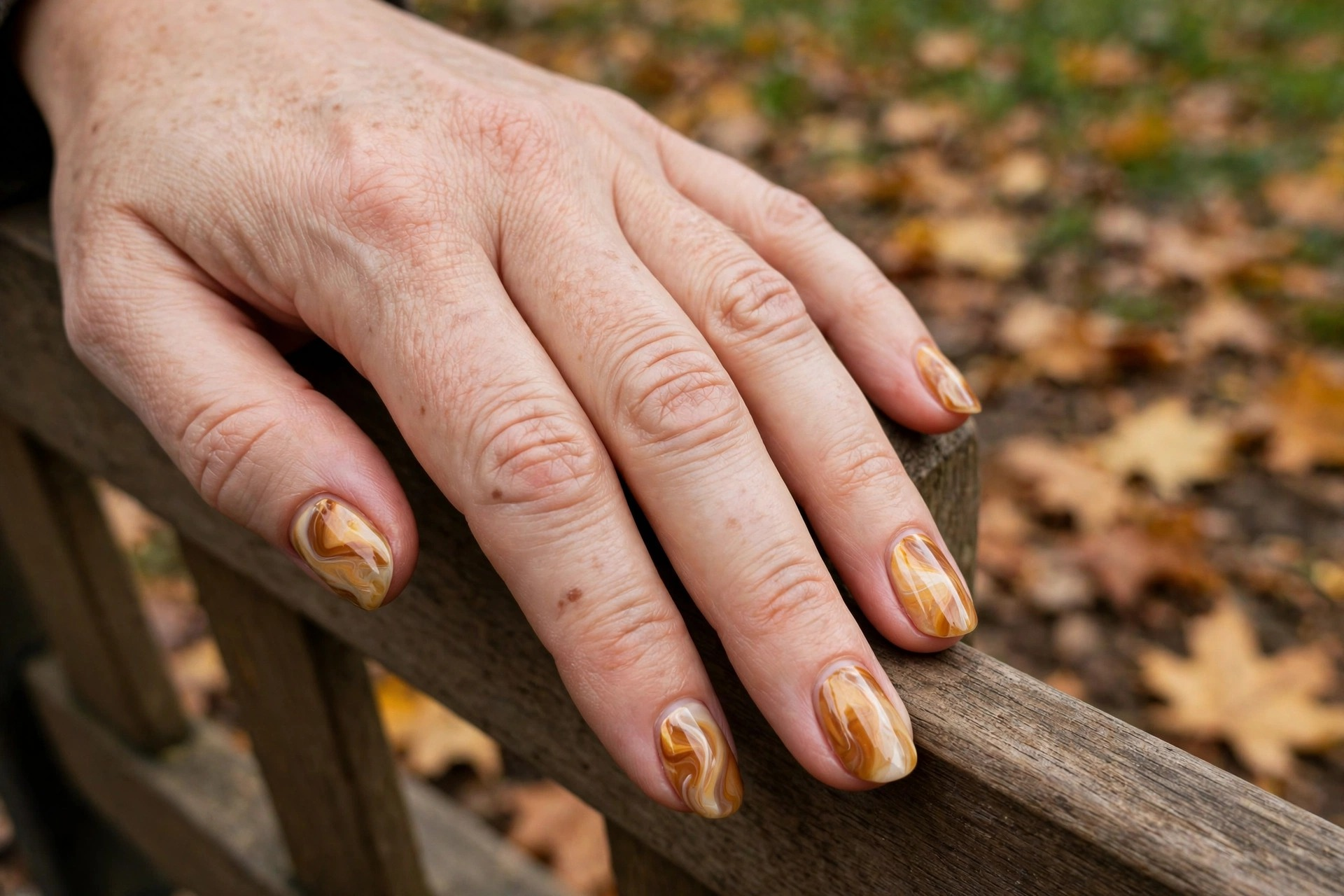Apple cider marble nail art swirling caramel cream and amber on oval autumn nails