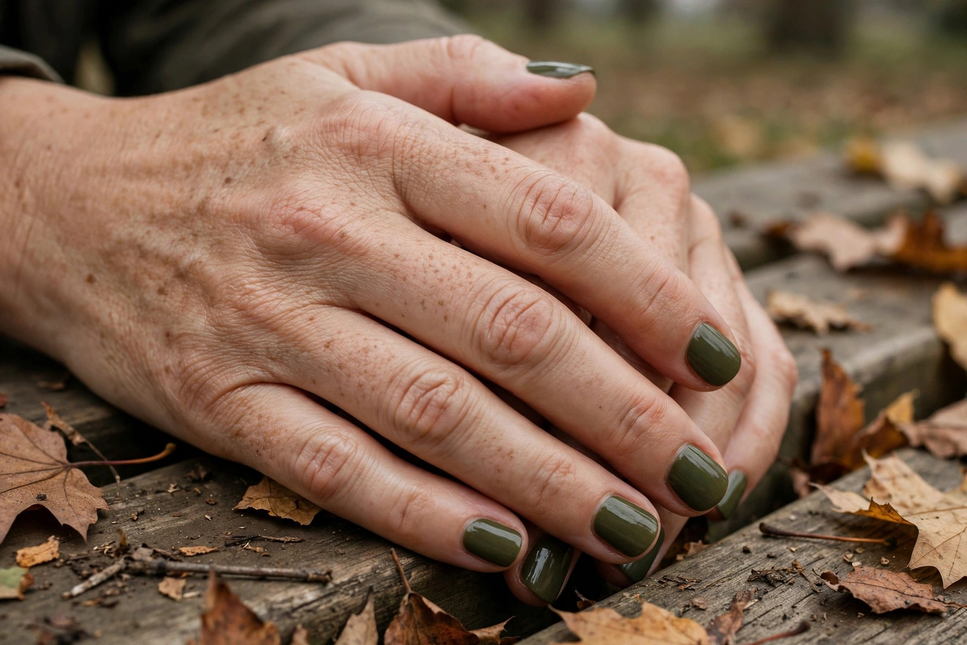Muted deep olive green creme nails on short squoval autumn nails