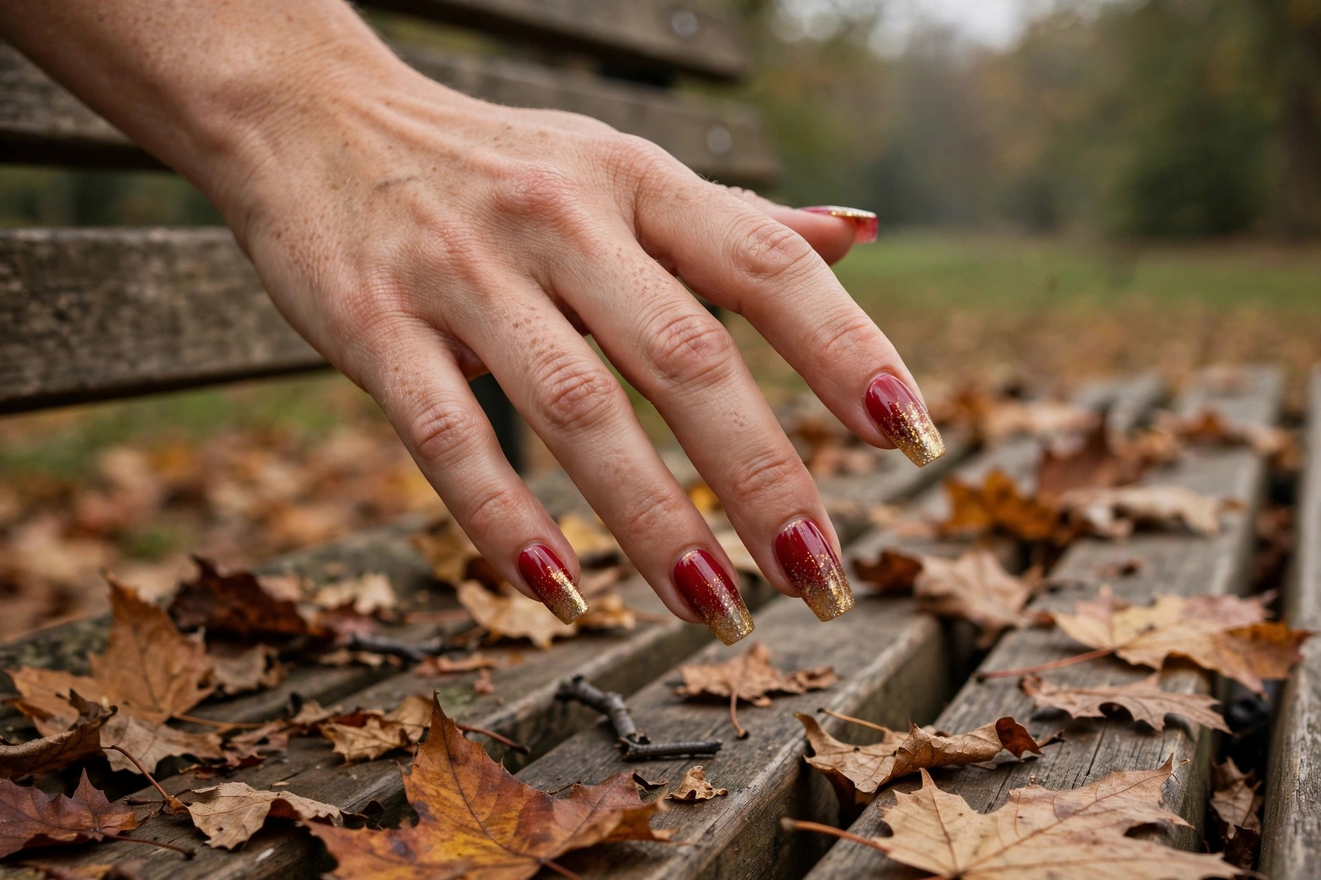 Cranberry red nails fading into a gold glitter gradient at the tips on coffin autumn nails