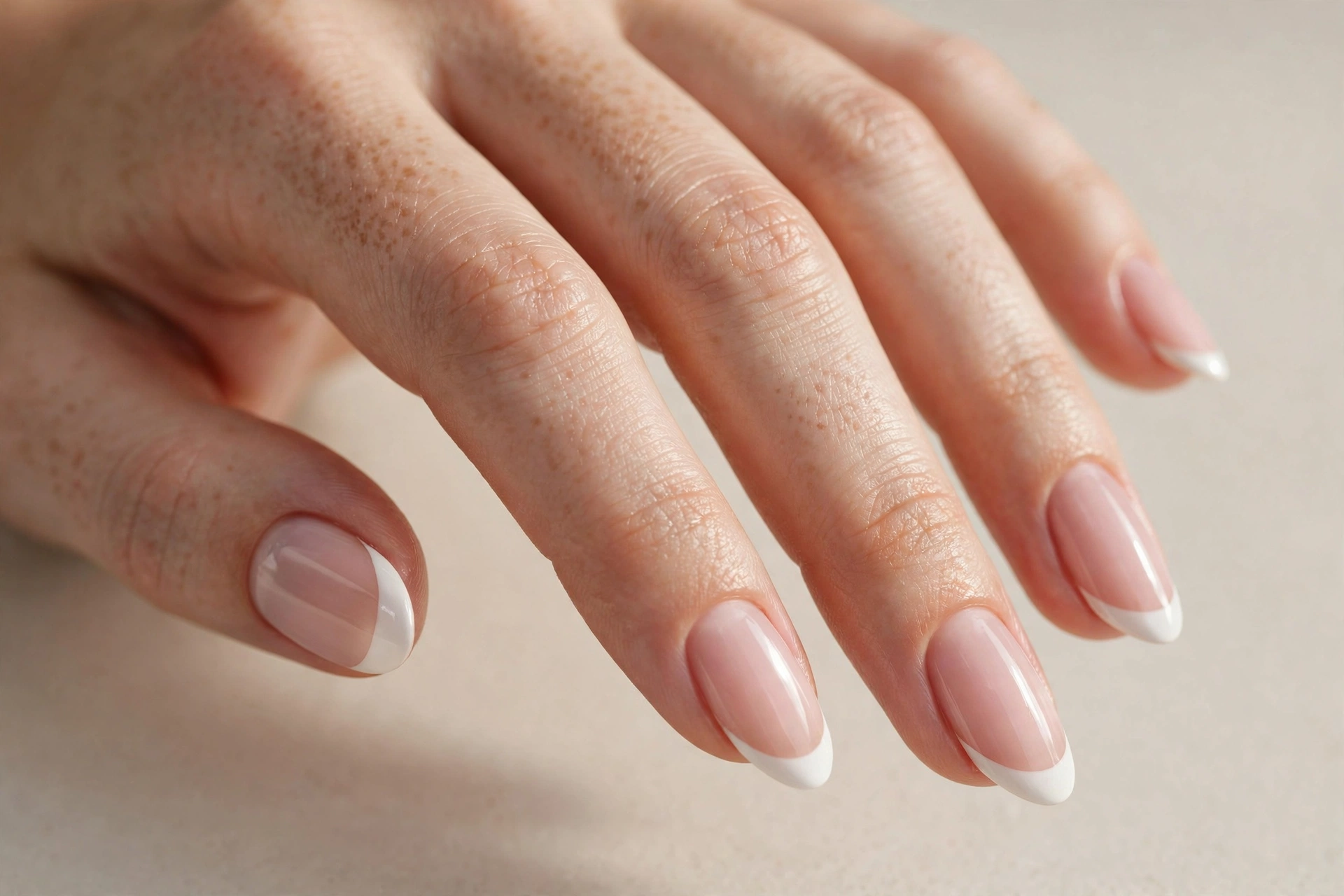 Close-up of classic French tip manicure with white tips on a natural pink nail base