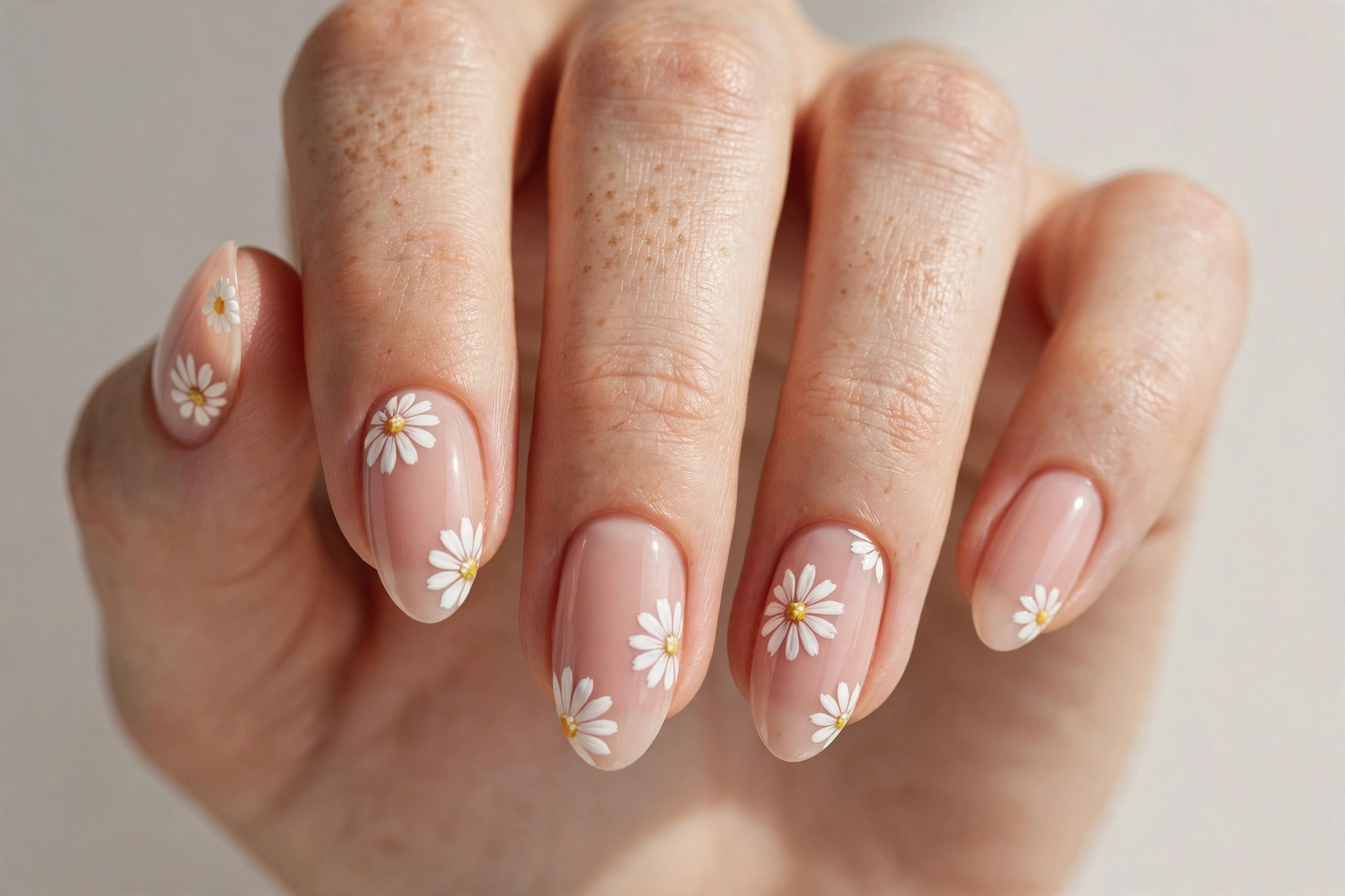 Close-up of daisy floral nail art with white petals and yellow centers on nude nails