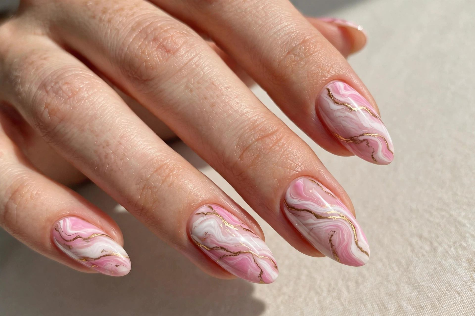 Close-up of pink and white marble nail art with soft swirling stone patterns
