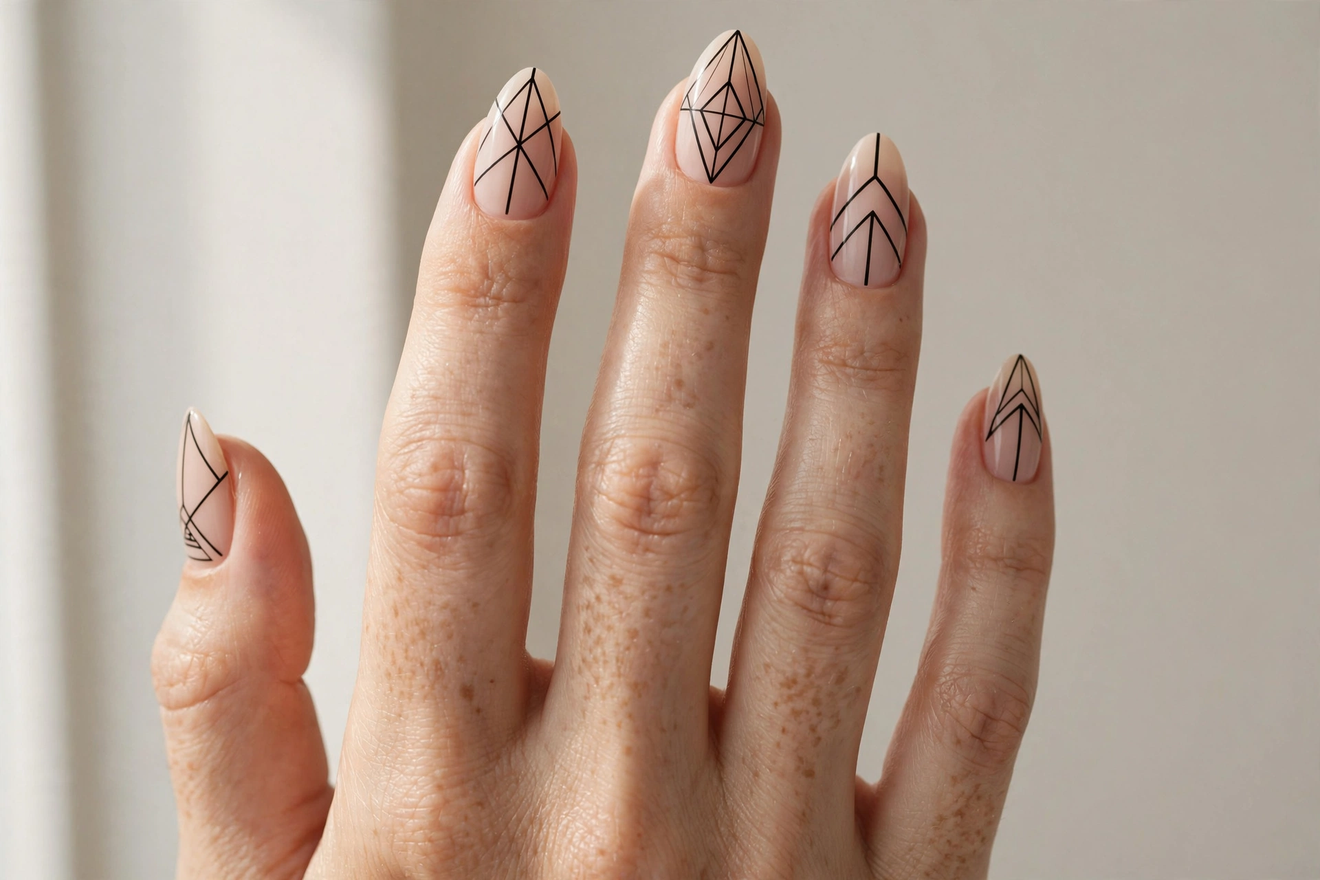 Close-up of black geometric line nail art with sharp angular patterns on nude nails